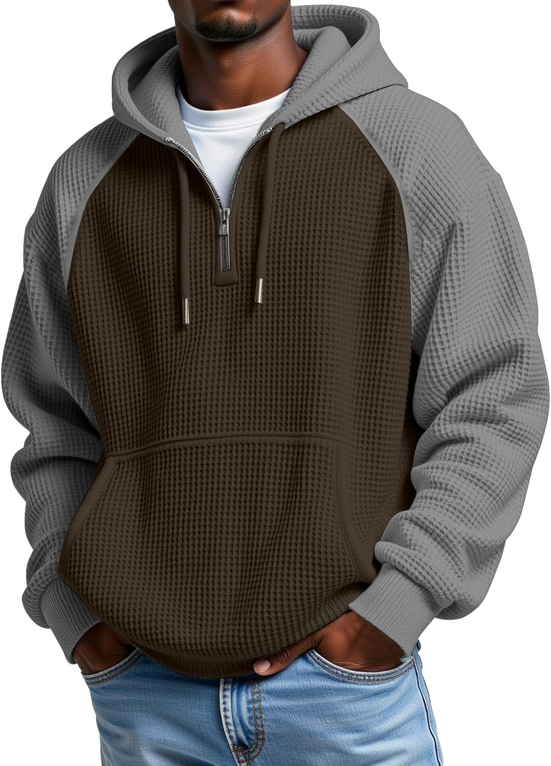 Men's Waffle Knit Quarter Zip Hooded Sweatshirt - Long Sleeve Drawstring Pullover with Front Pocket for Autumn - Large (