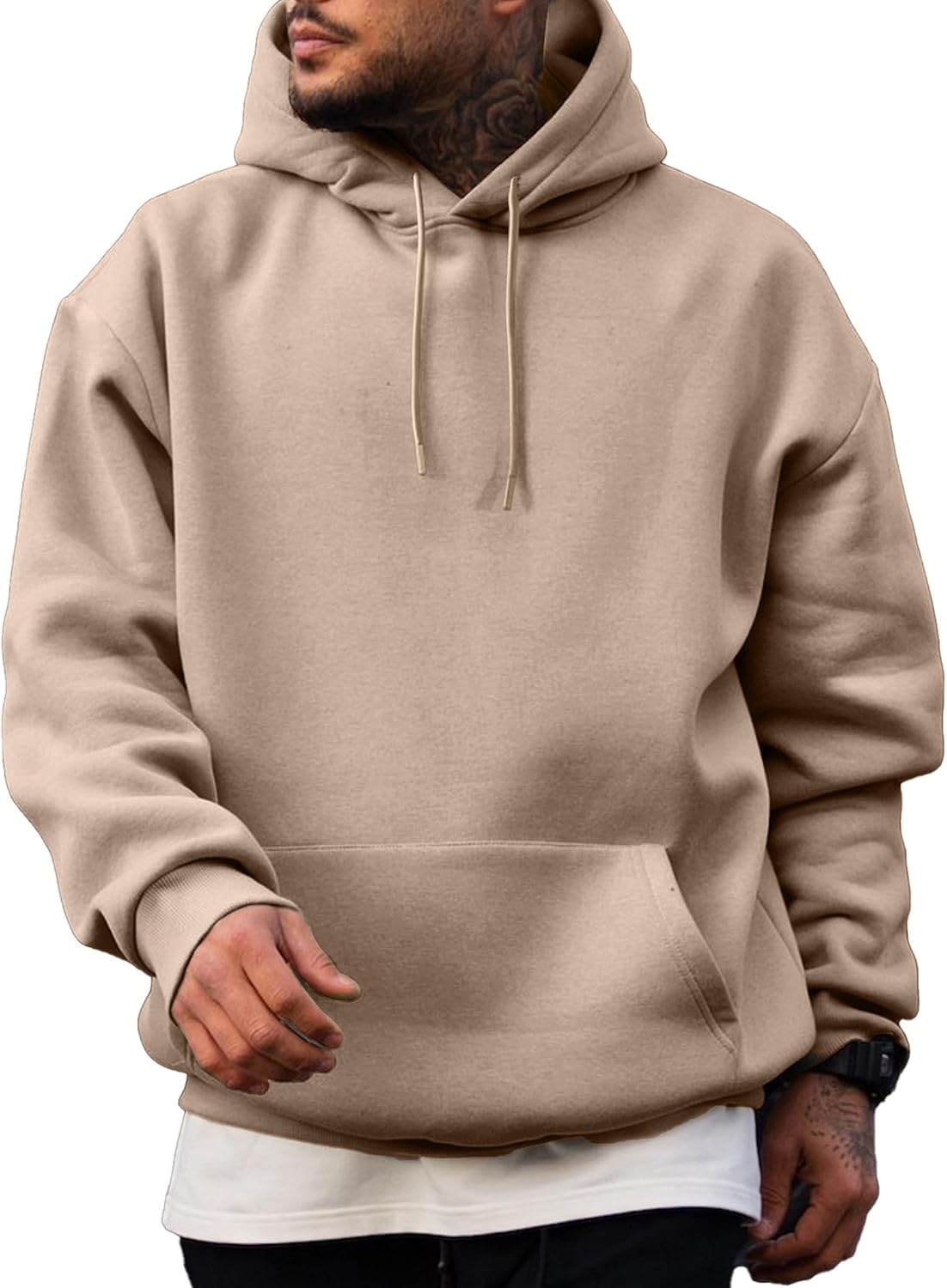 Men's Fleece Lined Oversized Pullover Hoodie - Adjustable Drawstring Hood and Kangaroo Pocket for Cold Weather - Large (