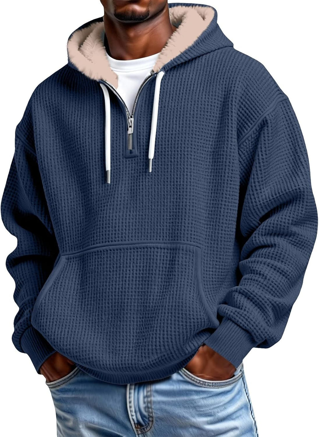 Men's Waffle Knit Quarter Zip Hooded Sweatshirt - Long Sleeve Drawstring Pullover with Front Pocket for Autumn - Large (