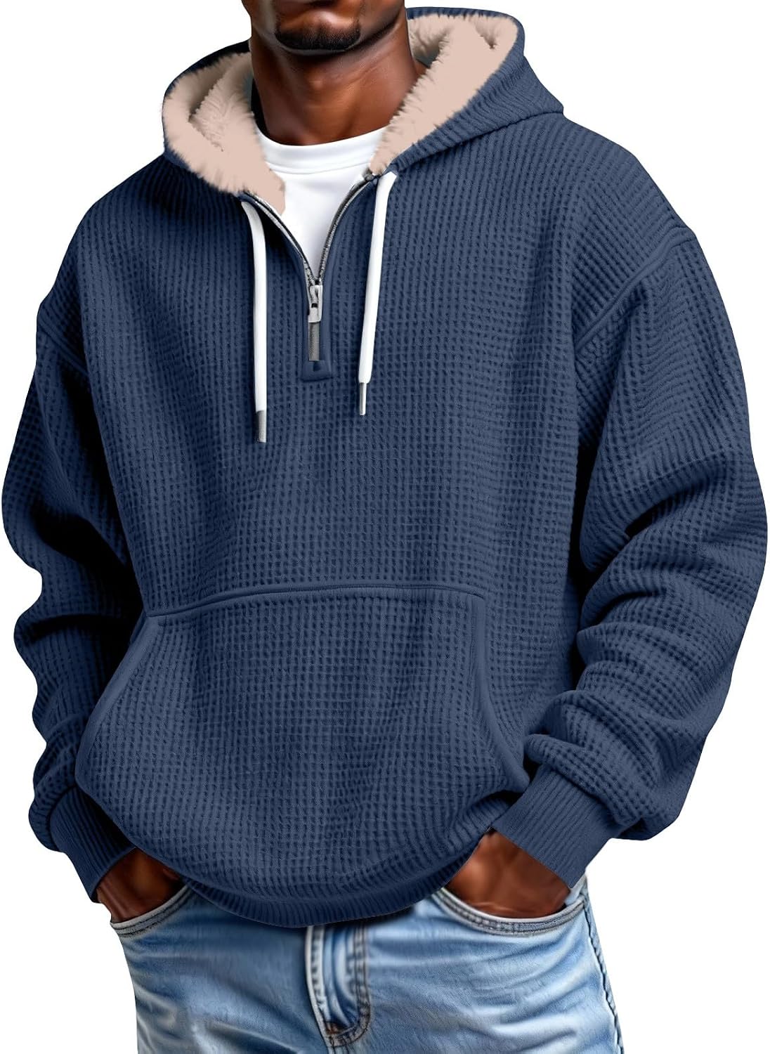 Men's Waffle Knit Quarter Zip Hooded Sweatshirt - Long Sleeve Drawstring Pullover with Front Pocket for Autumn - Large (