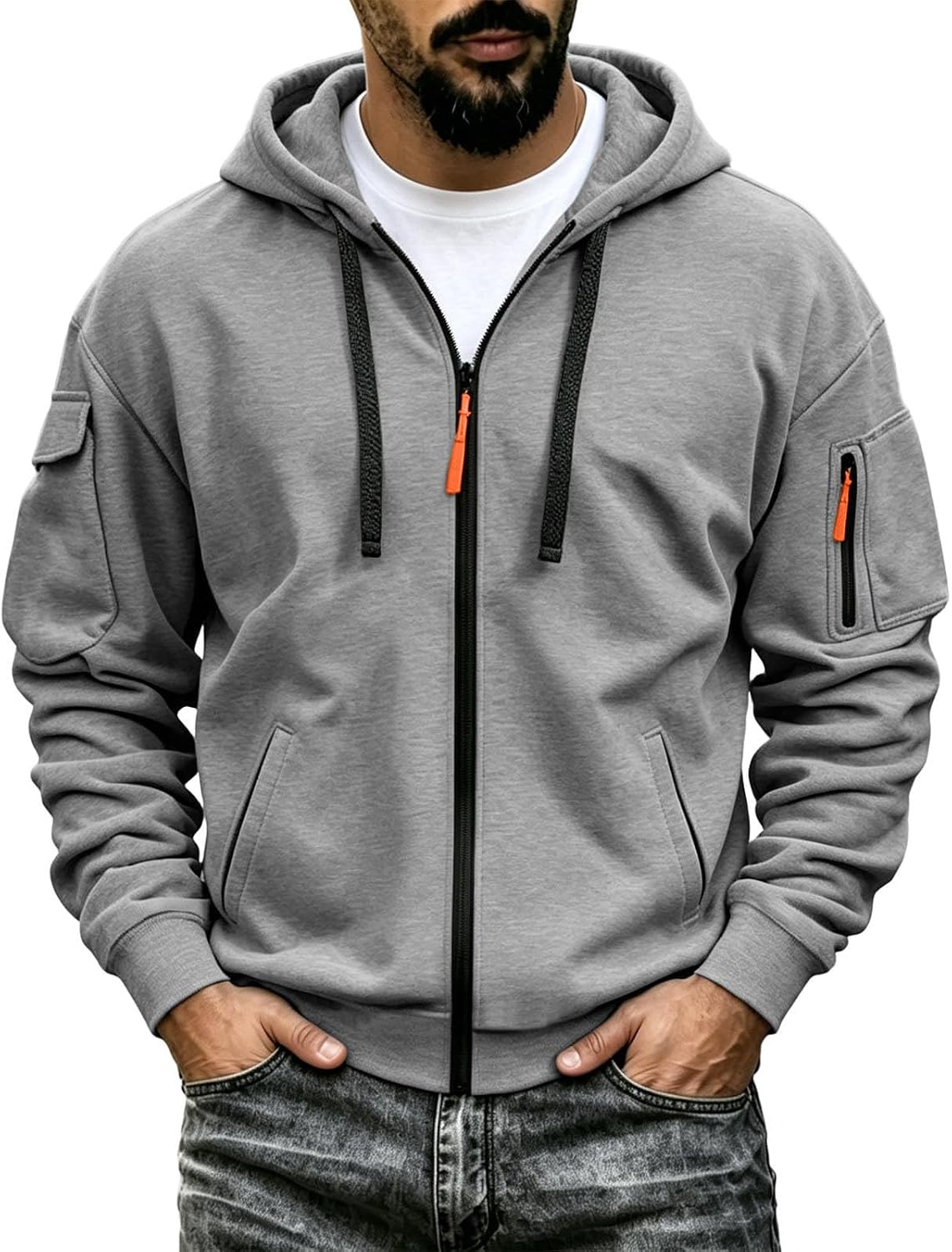 Men's Tactical Zip Up Hoodie - Oversized Cotton Blend Hooded Jacket with Full Zip for Travel and Everyday Wear - Small