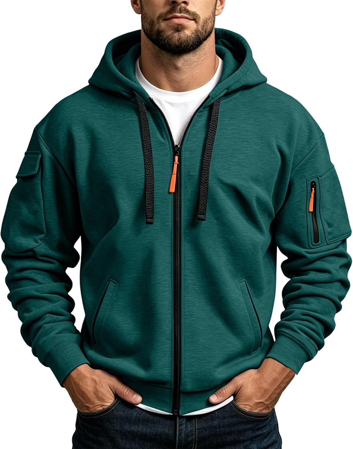 Men's Tactical Zip Up Utility Hoodie - Relaxed Fit Hooded Jacket with Sleeve Pockets for Fall and Winter - Small