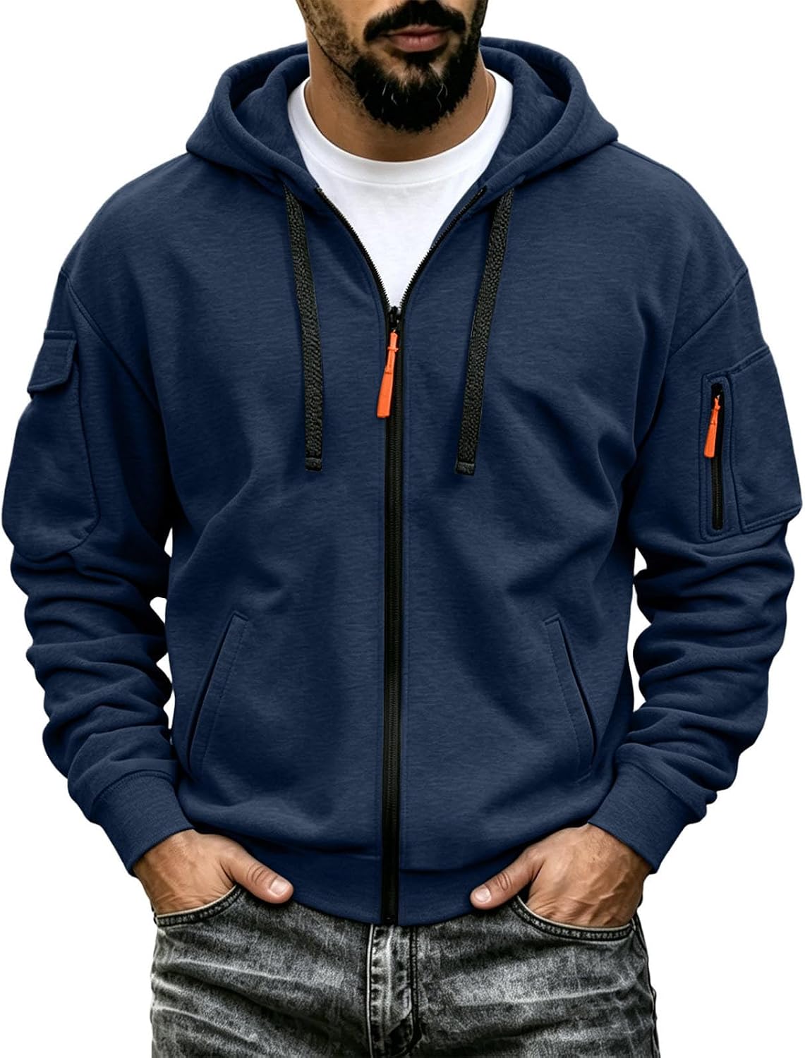 Men's Tactical Zip Up Hoodie - Oversized Cotton Blend Hooded Jacket with Full Zip for Travel and Everyday Wear - Small