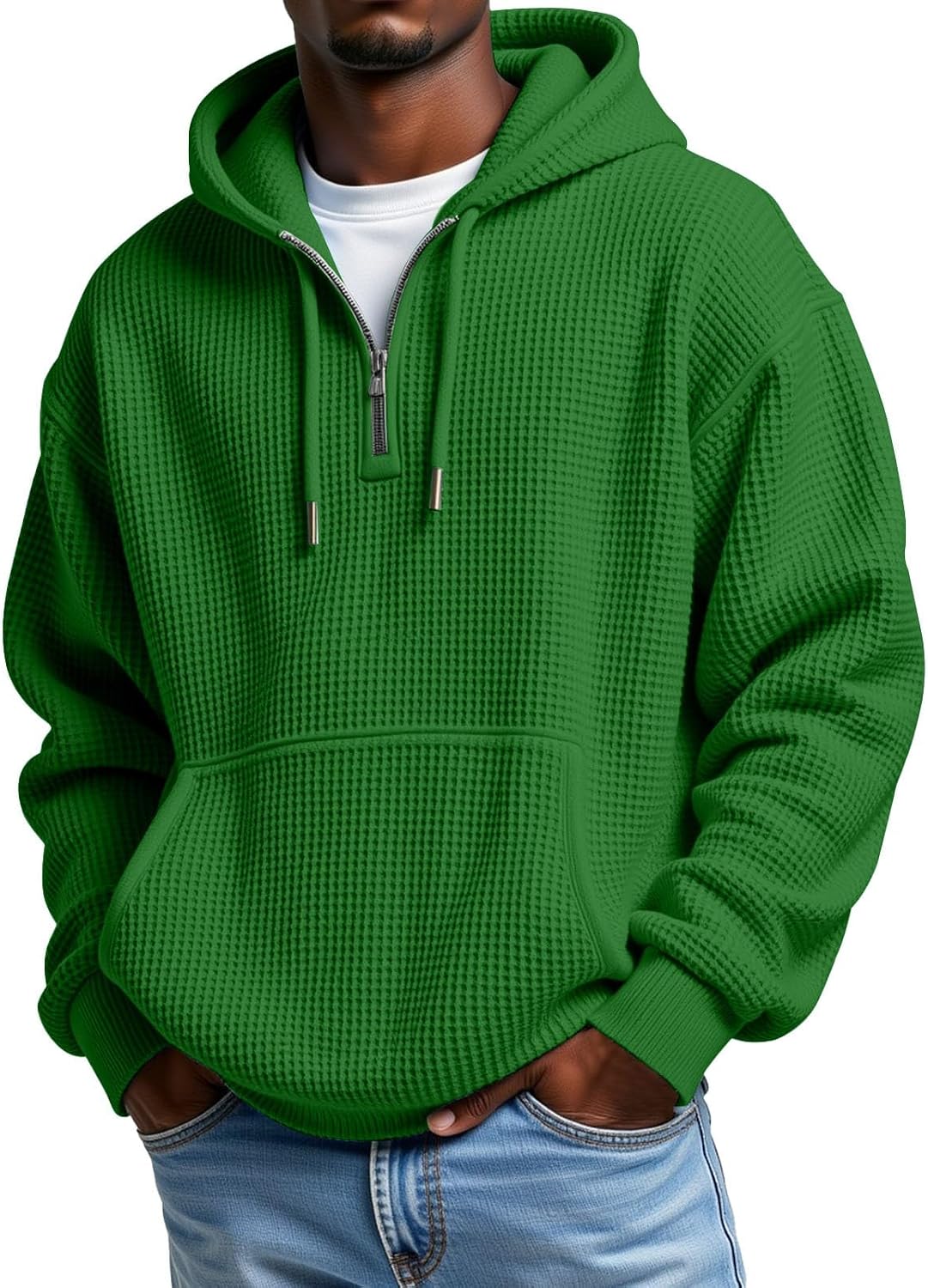 Men's Waffle Knit Quarter Zip Hooded Sweatshirt - Long Sleeve Drawstring Pullover with Front Pocket for Autumn - Large