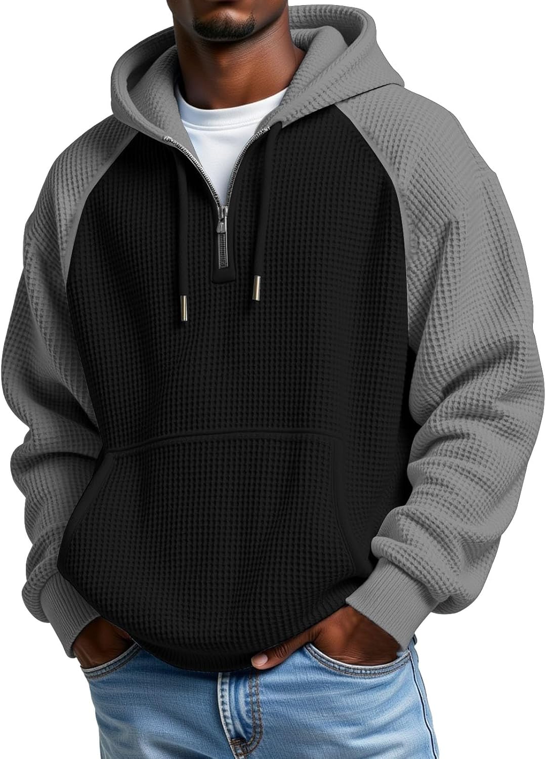 Men's Waffle Knit Quarter Zip Hooded Sweatshirt - Long Sleeve Drawstring Pullover with Front Pocket for Autumn - Medium