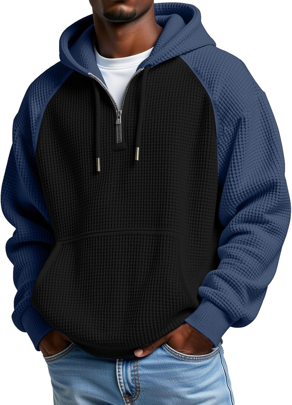 Men's Waffle Knit Quarter Zip Hooded Sweatshirt - Long Sleeve Drawstring Pullover with Front Pocket for Autumn - XX-Larg