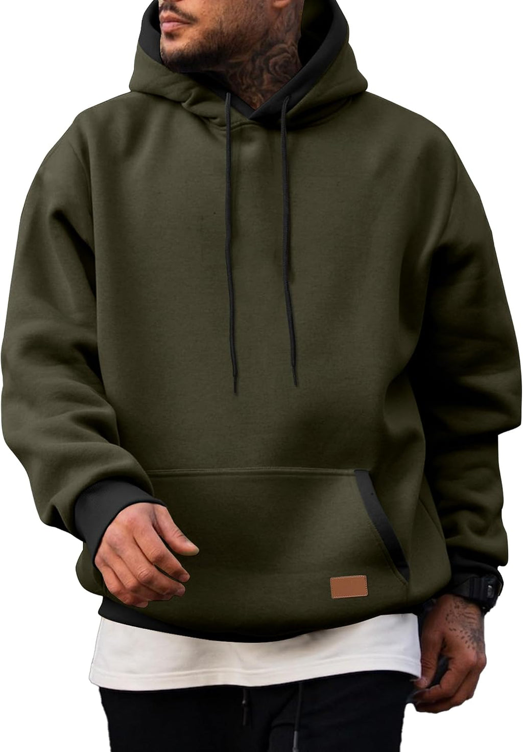 Men's Cotton Fleece Pullover Hoodie - Drawstring Hood, Kangaroo Pocket and Oversized Fit for Fall and Winter - Large
