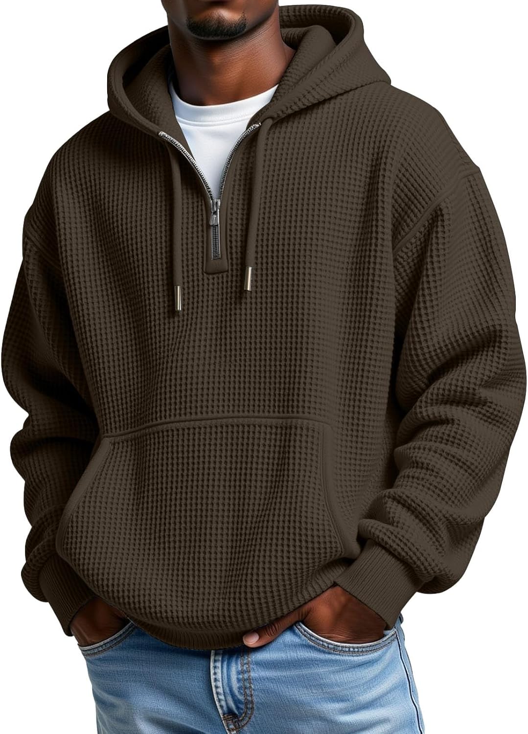 Men's Waffle Knit Quarter Zip Hooded Sweatshirt - Long Sleeve Drawstring Pullover with Front Pocket for Autumn - Large