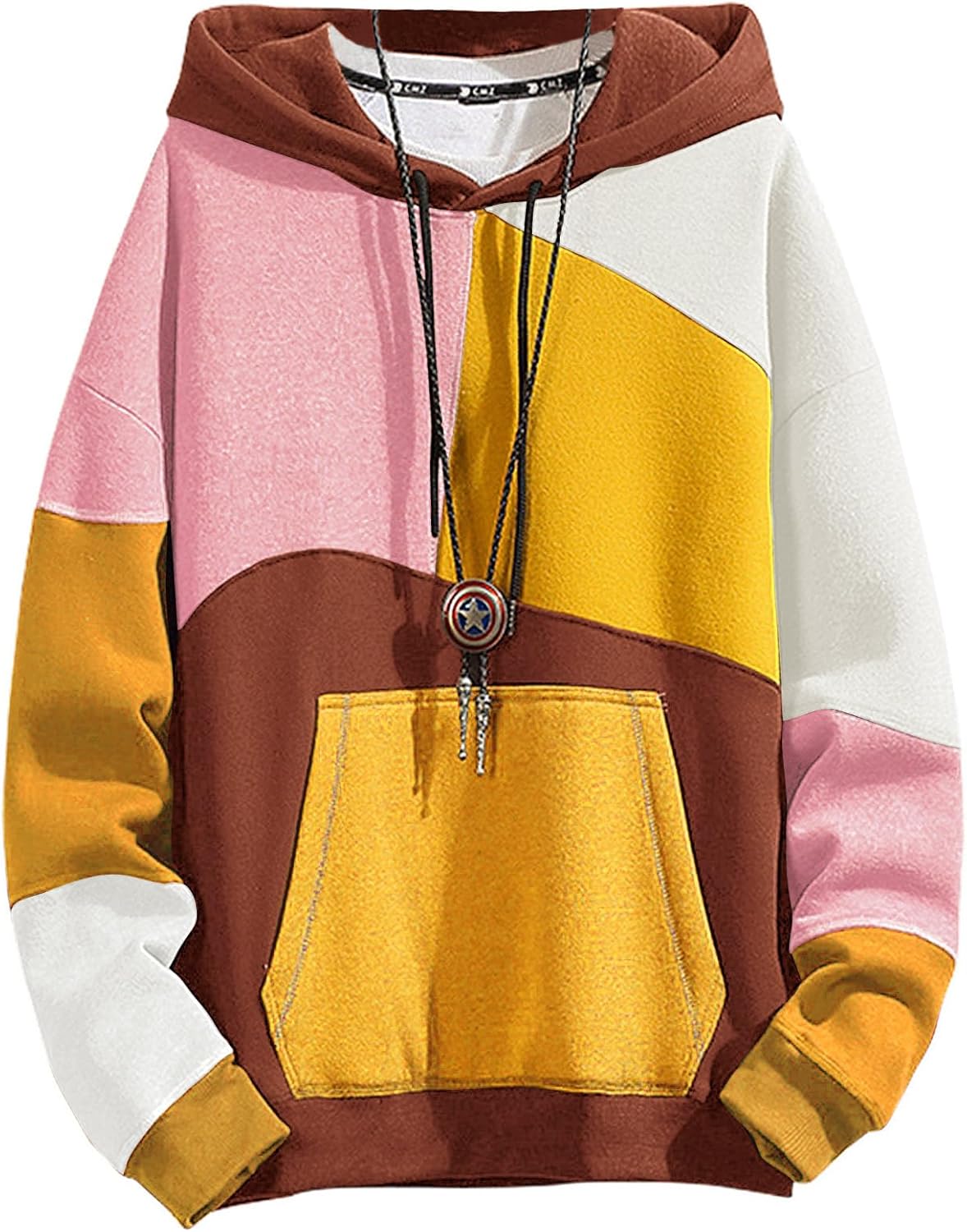 Men's Contrast Colour Patchwork Pullover Hoodie - Cotton Blend Hooded Sweatshirt with Long Sleeves for Autumn - Small (7