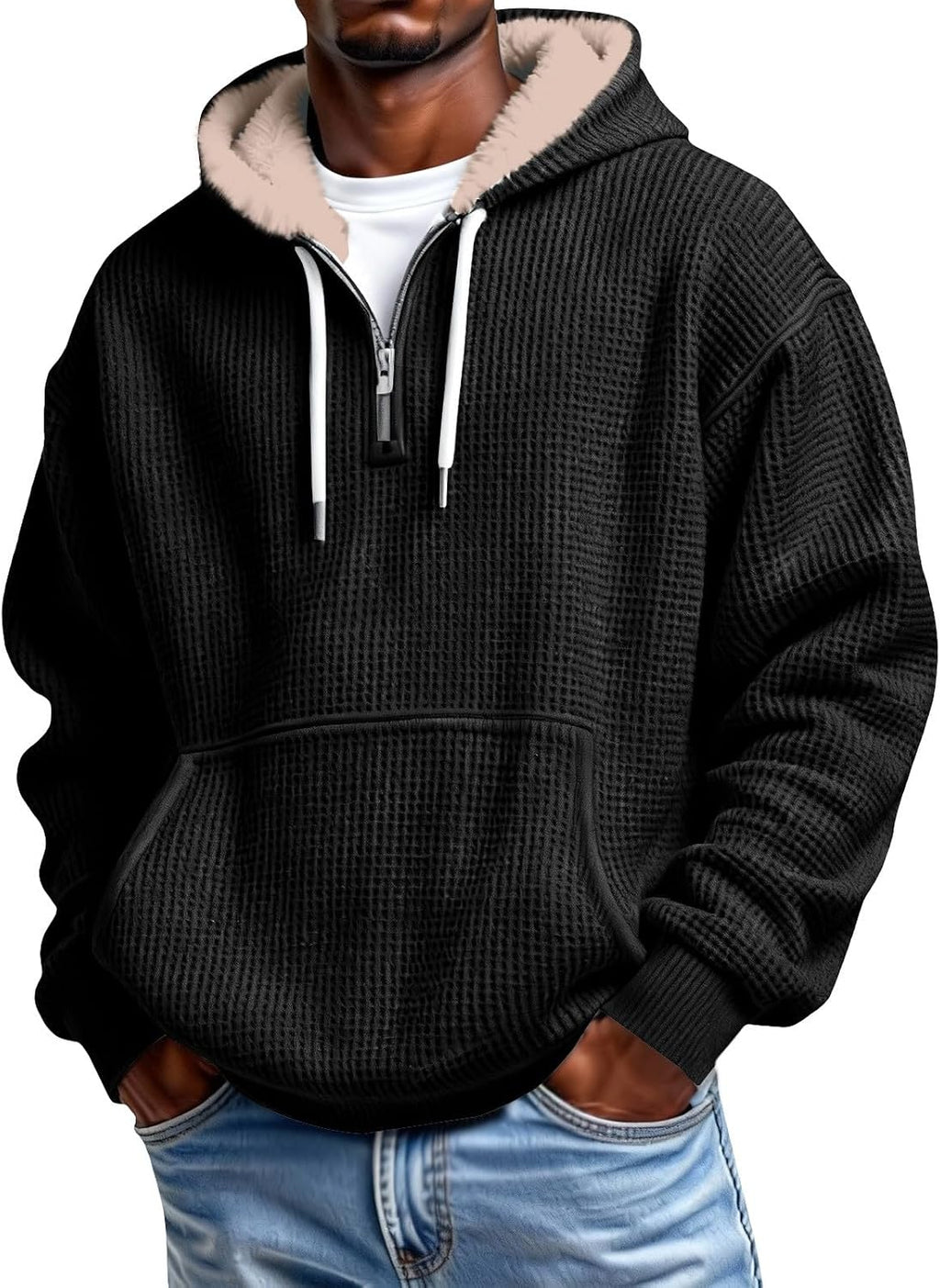 Men's Waffle Knit Quarter Zip Hooded Sweatshirt - Long Sleeve Drawstring Pullover with Front Pocket for Autumn - Large
