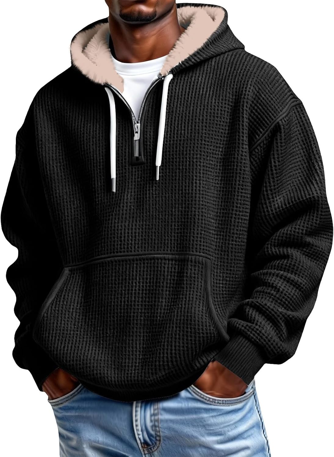 Men's Waffle Knit Quarter Zip Hooded Sweatshirt - Long Sleeve Drawstring Pullover with Front Pocket for Autumn - Large