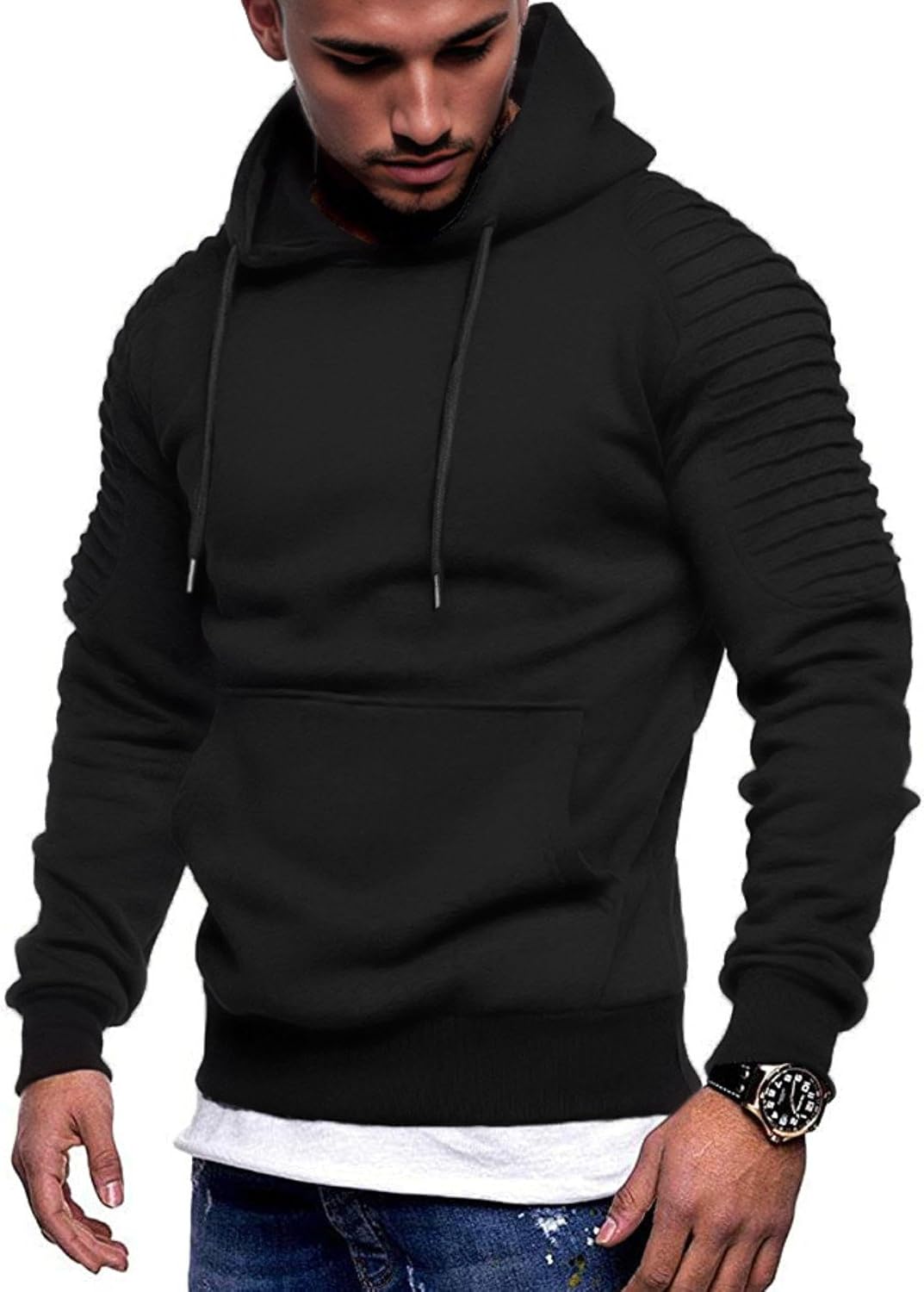 Men's Athletic Pullover Hoodie - Drawstring Hood and Kangaroo Pocket Sweatshirt for Gym Workouts in Fall Winter - Black