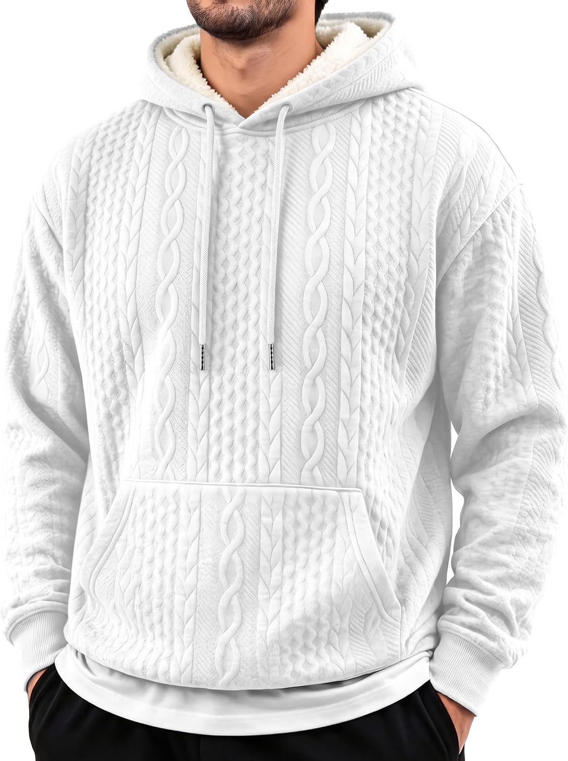 Men's Sherpa Lined Cable Textured Pullover Hoodie - Midweight Drawstring Sweatshirt with Kangaroo Pocket - Small