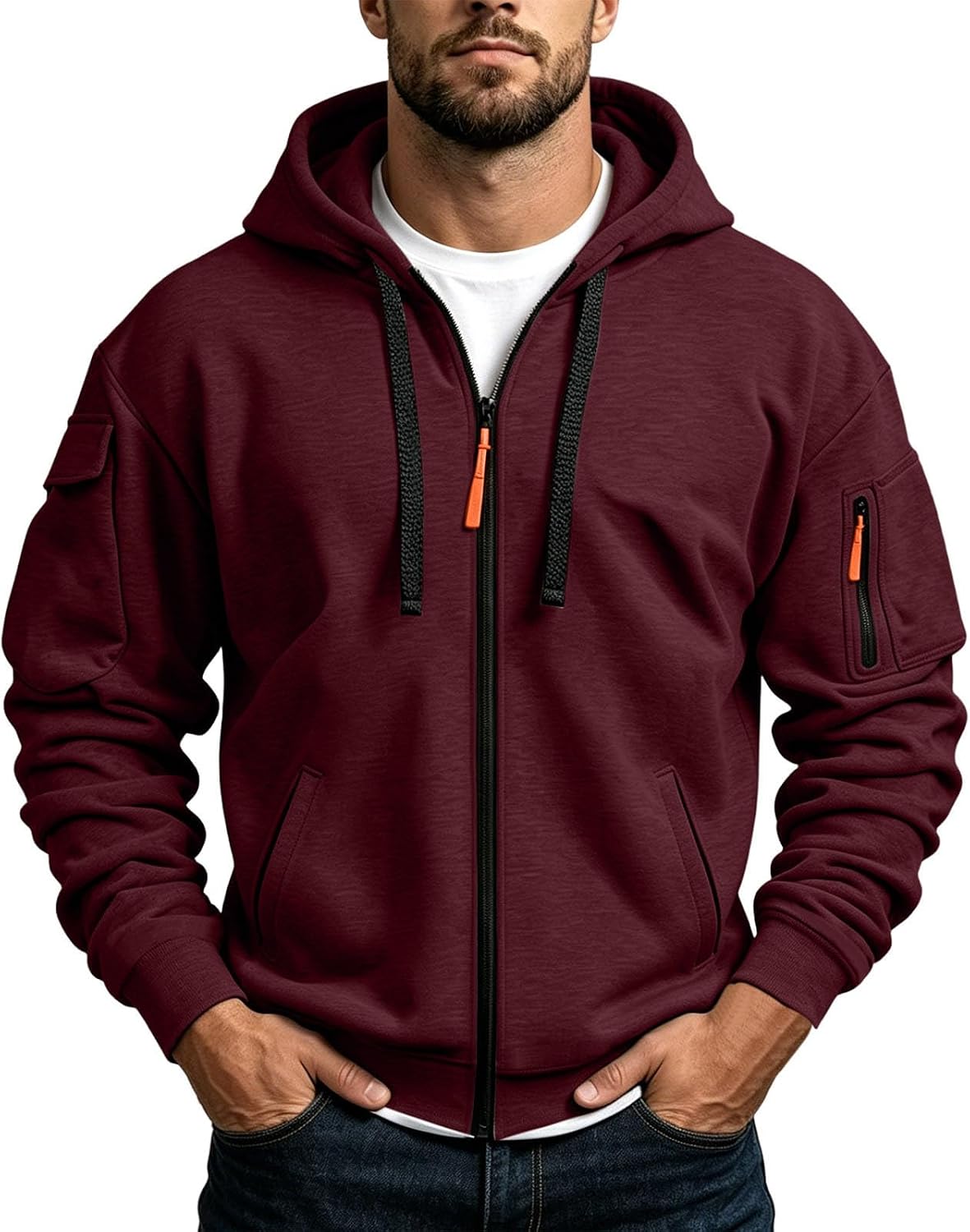 Men's Tactical Zip Up Utility Hoodie - Relaxed Fit Hooded Jacket with Sleeve Pockets for Fall and Winter - Small