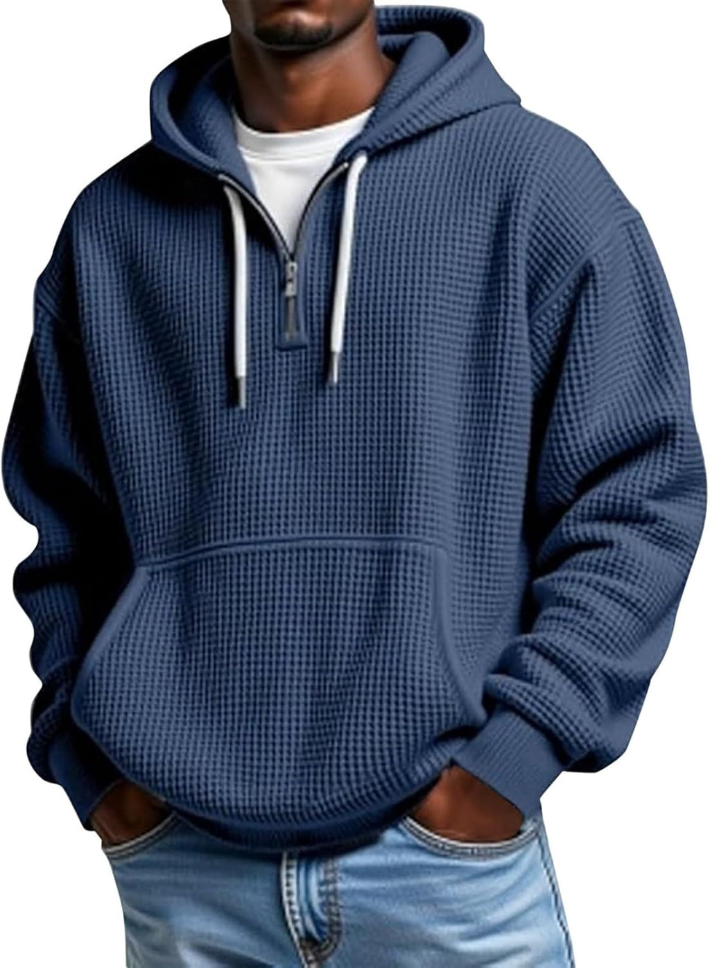 Men's Waffle Knit Quarter Zip Hooded Sweatshirt - Long Sleeve Drawstring Pullover with Front Pocket for Autumn - Small