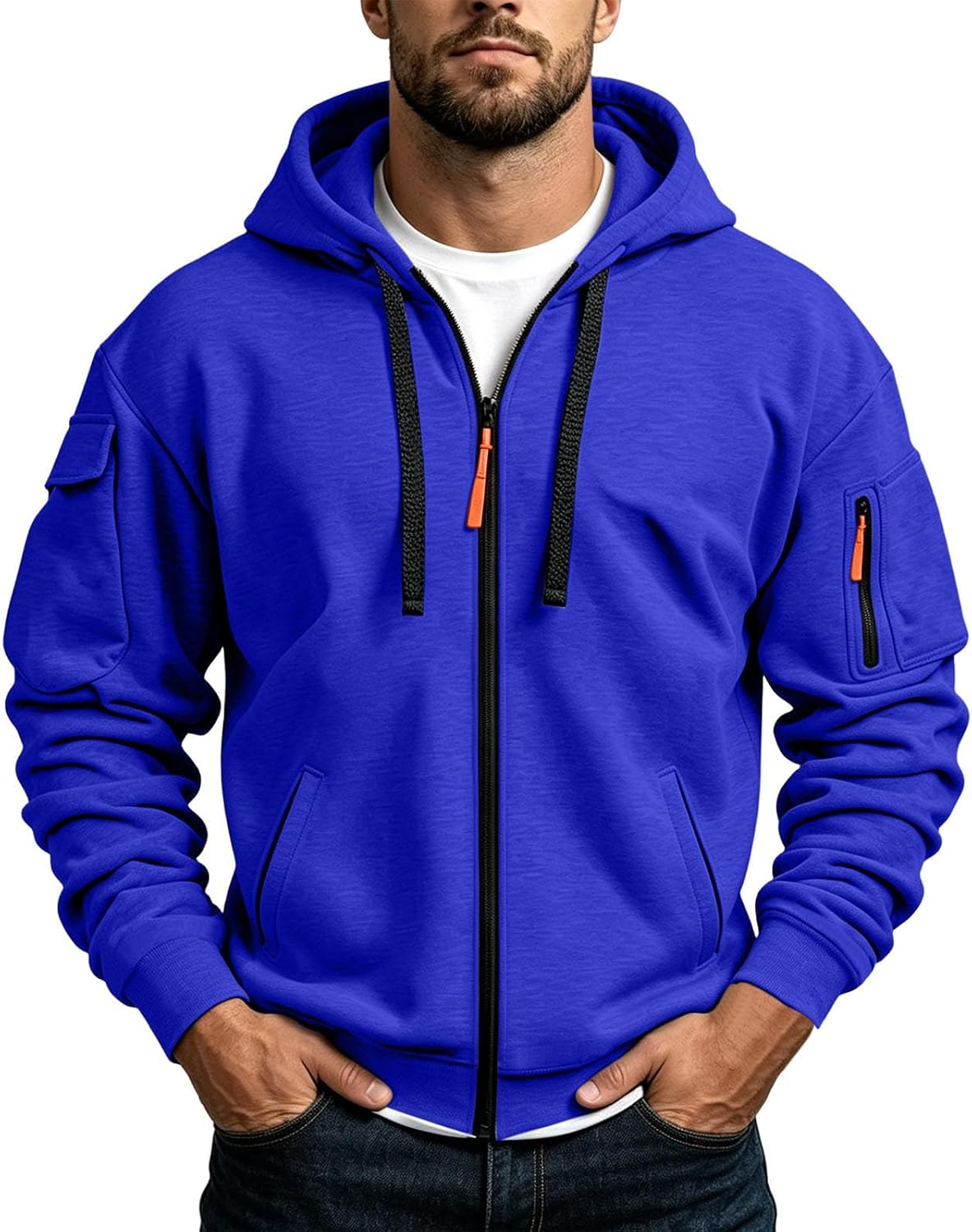 Men's Tactical Zip Up Utility Hoodie - Relaxed Fit Hooded Jacket with Sleeve Pockets for Fall and Winter - Small
