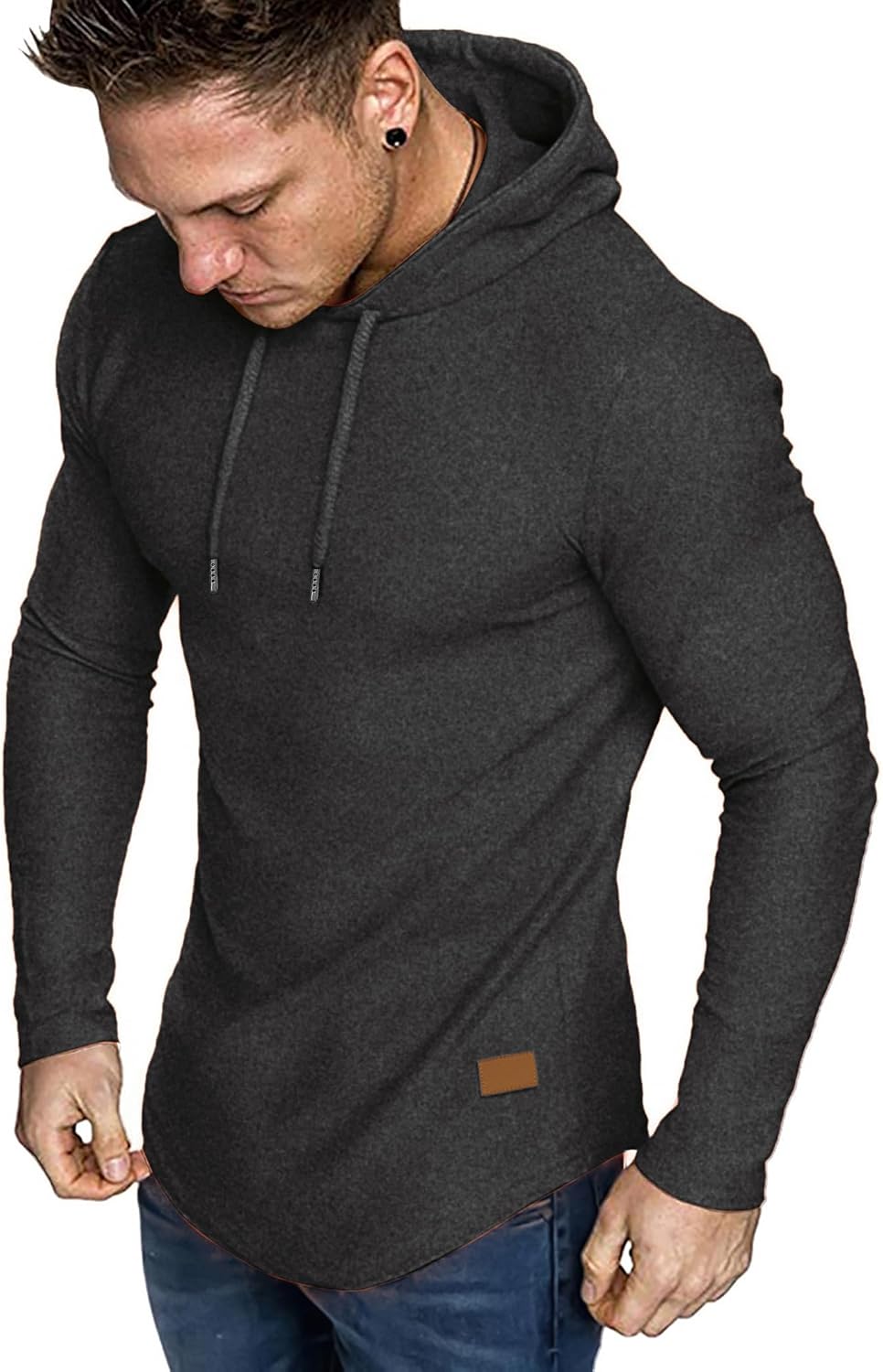 Men's Fleece Longline Athletic Sweatshirt - Lightweight Long Sleeve Muscle Fit Pullover for Gym Workouts - Medium