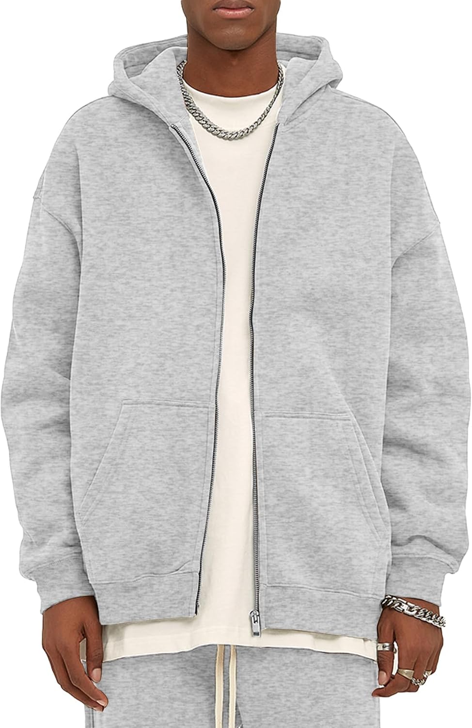 Men's Oversized Zip Up Fleece Hoodie - Drop Shoulder Baggy Sweatshirt with Kangaroo Pockets for Streetwear - Small