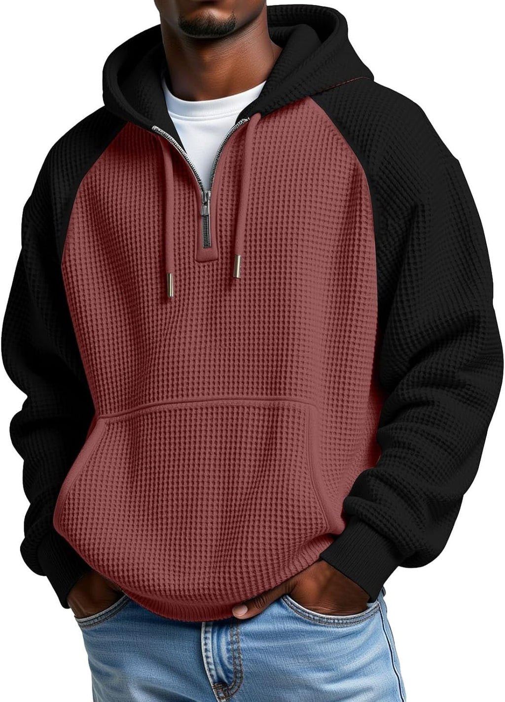 Men's Waffle Knit Quarter Zip Hooded Sweatshirt - Long Sleeve Drawstring Pullover with Front Pocket for Autumn - Large