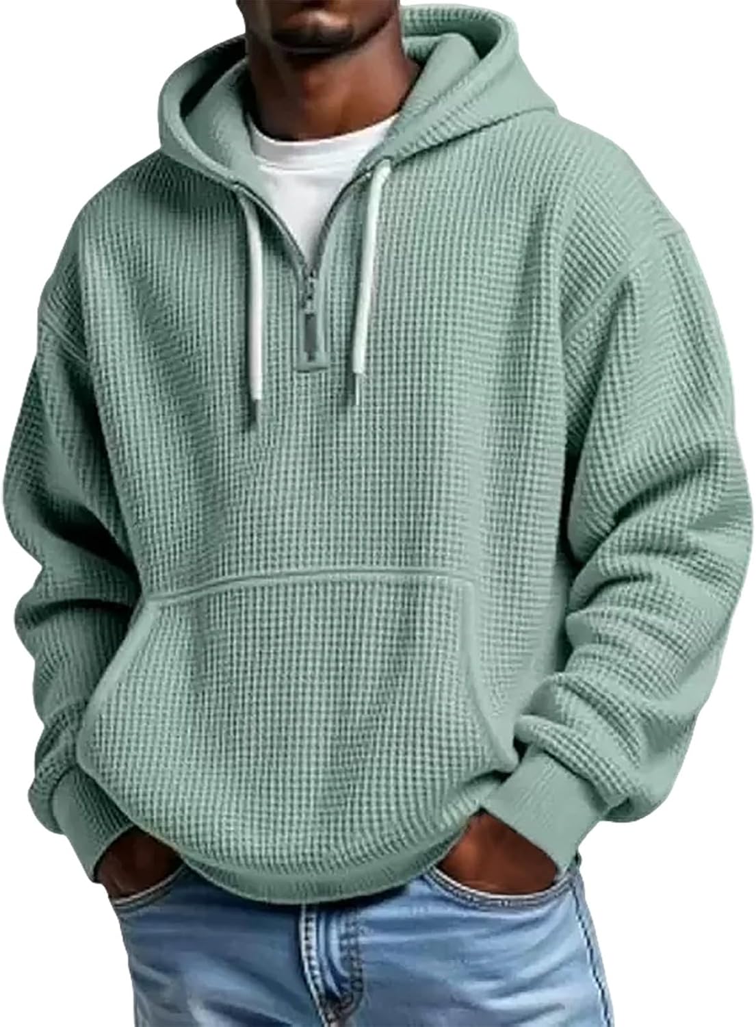 Men's Waffle Knit Quarter Zip Hooded Sweatshirt - Long Sleeve Drawstring Pullover with Front Pocket for Autumn - XX-Larg