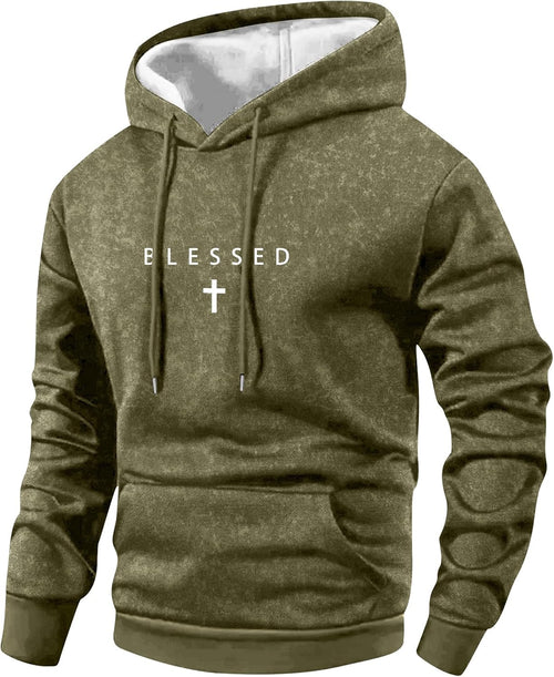 Men's Cross Print Hooded Sweatshirt - Thin Distressed Retro Pullover with Long Sleeves and Pocket for Spring - Black