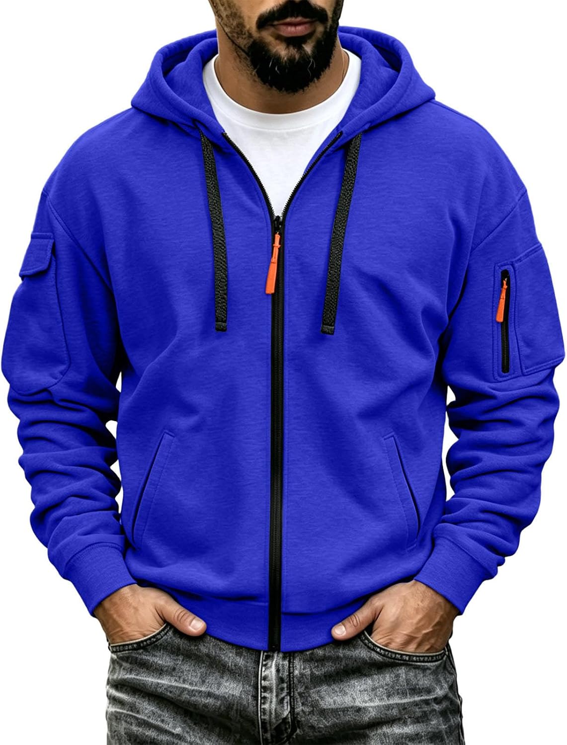 Men's Tactical Zip Up Hoodie - Oversized Cotton Blend Hooded Jacket with Full Zip for Travel and Everyday Wear - Small