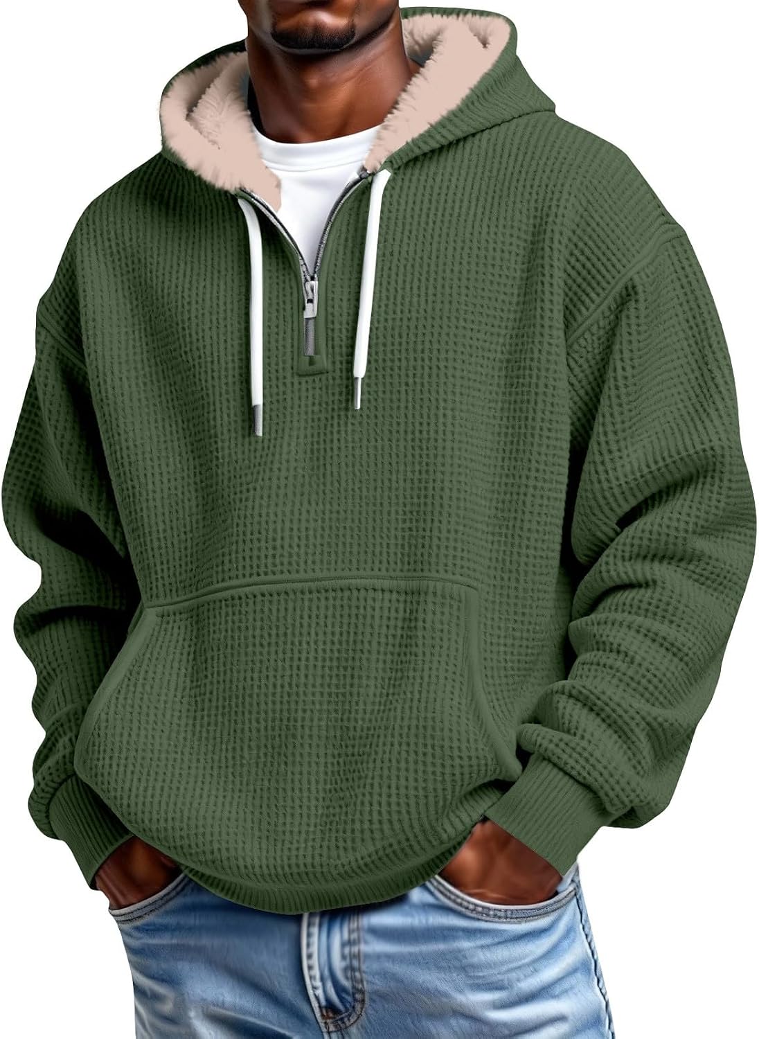 Men's Waffle Knit Quarter Zip Hooded Sweatshirt - Long Sleeve Drawstring Pullover with Front Pocket for Autumn - Small