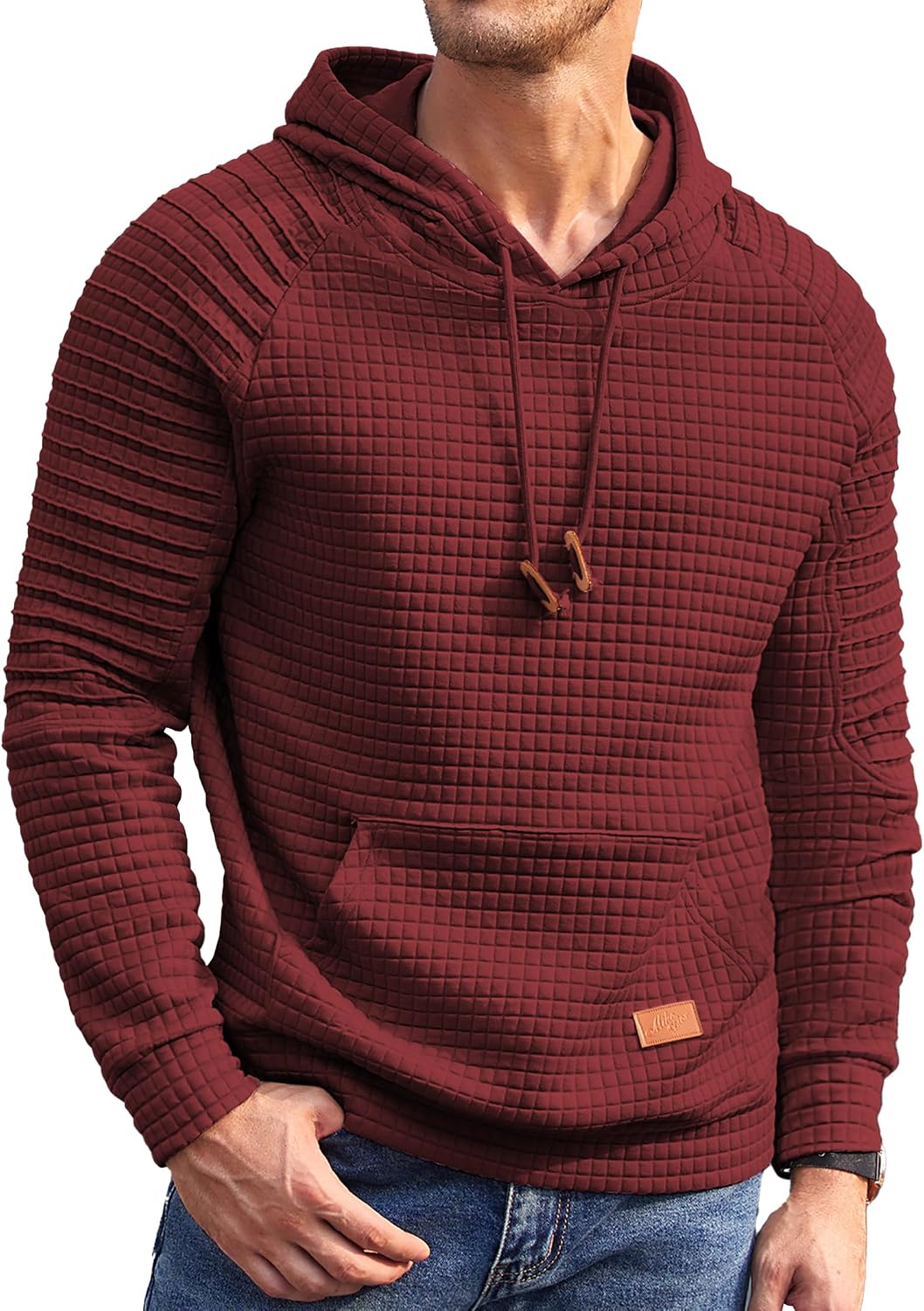 Men's Waffle Knit Pullover Hoodie - Long Sleeve Drawstring Sweatshirt with Kanga Pocket for Casual Daily Wear - Medium