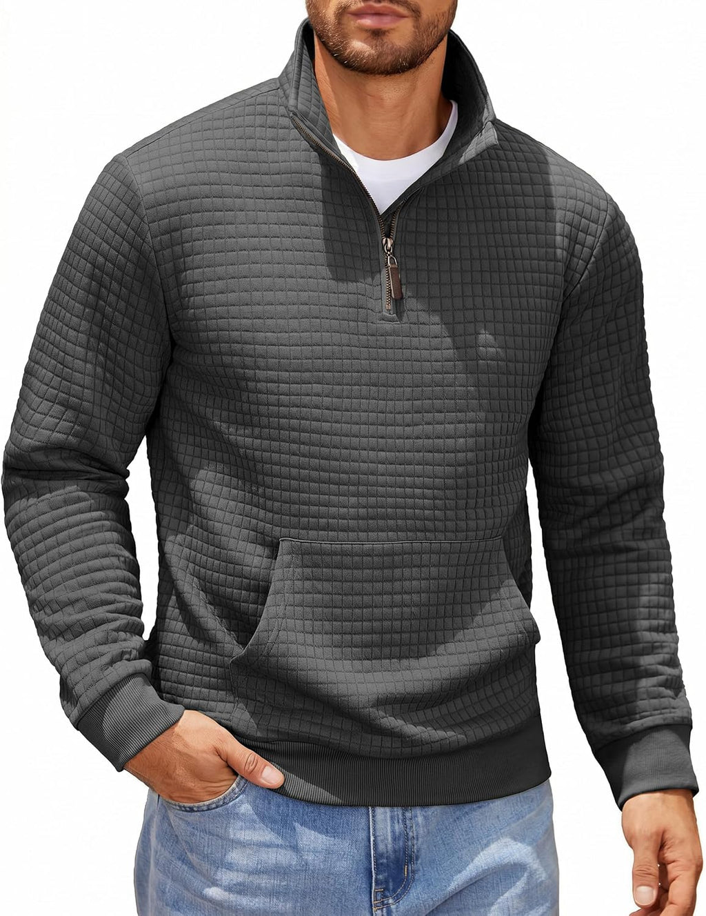 Men's Waffle Knit Quarter Zip Pullover Hoodie - Long Sleeve Textured Sweatshirt with Front Pocket for Autumn - Small