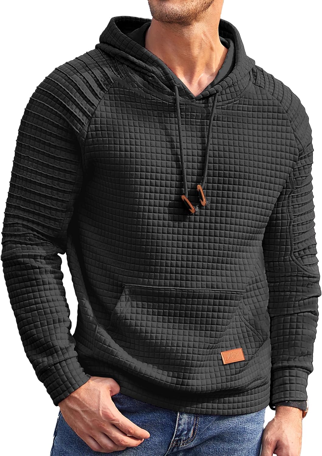 Men's Waffle Knit Pullover Hoodie - Long Sleeve Drawstring Sweatshirt with Kanga Pocket for Casual Daily Wear - Small