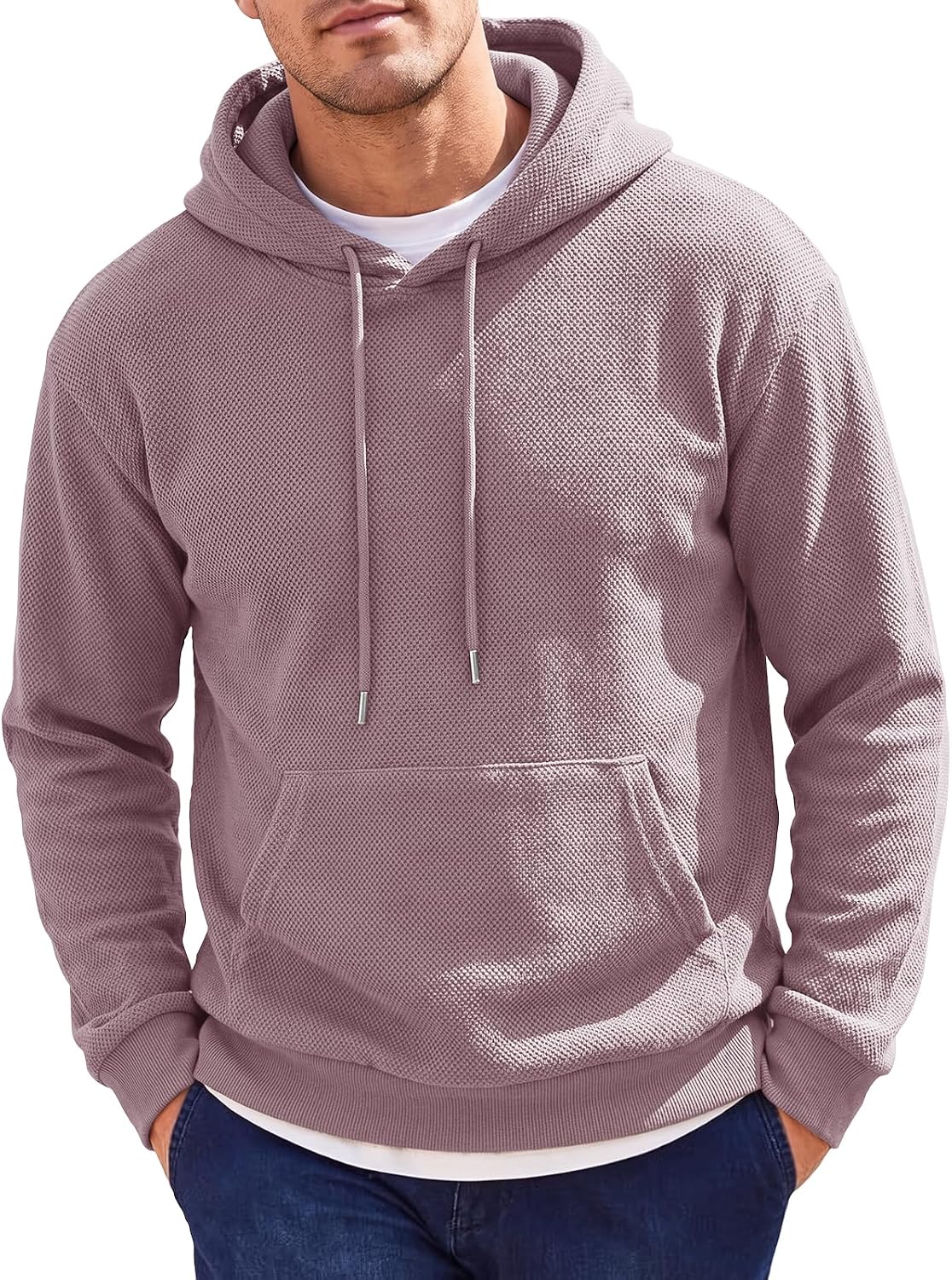 Men's Textured Slim Fit Pullover Hoodie - Lightweight Long Sleeve Sweatshirt with Kangaroo Pocket for Workouts - Medium