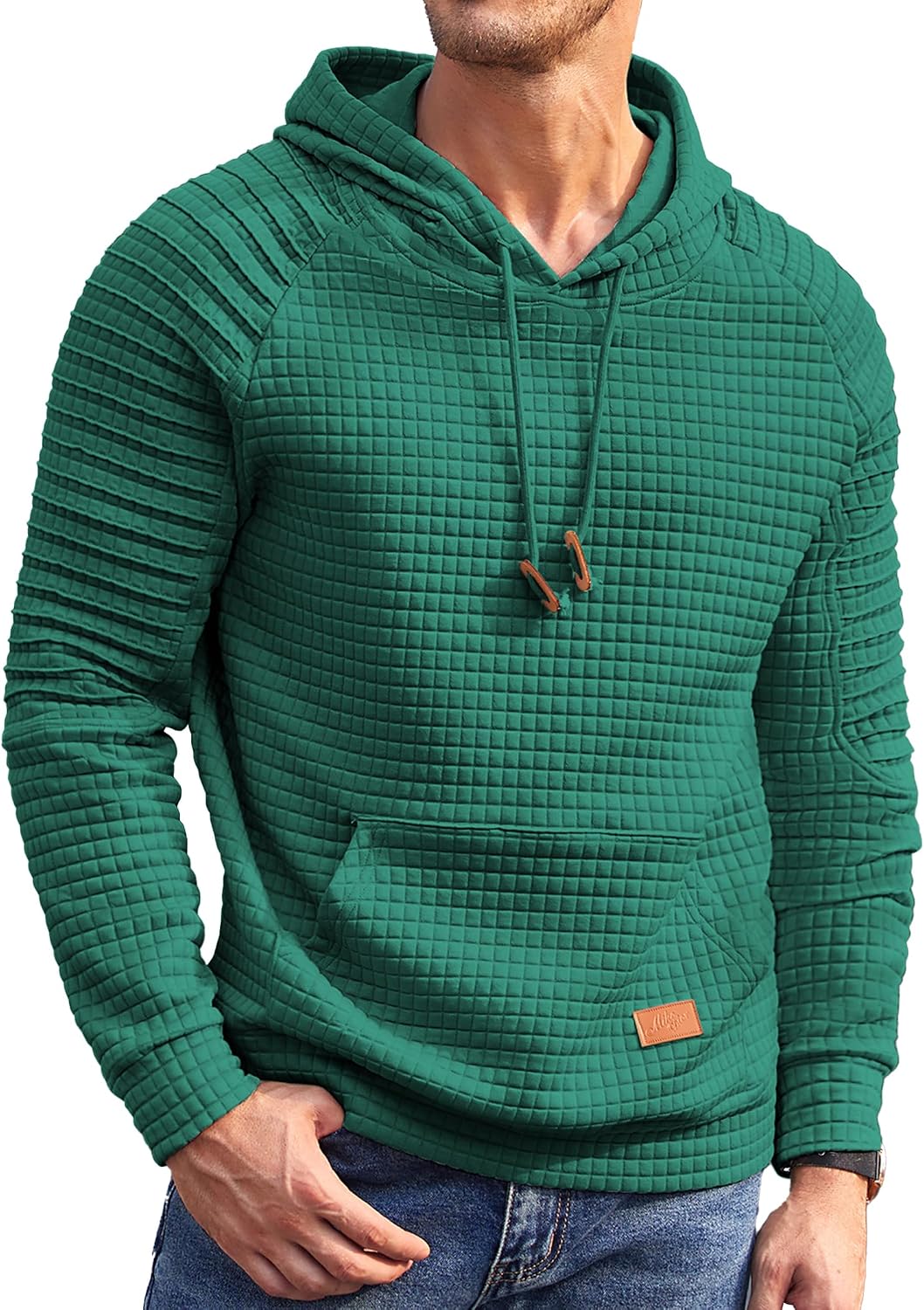 Men's Waffle Knit Pullover Hoodie - Long Sleeve Drawstring Sweatshirt with Kanga Pocket for Casual Daily Wear - Large