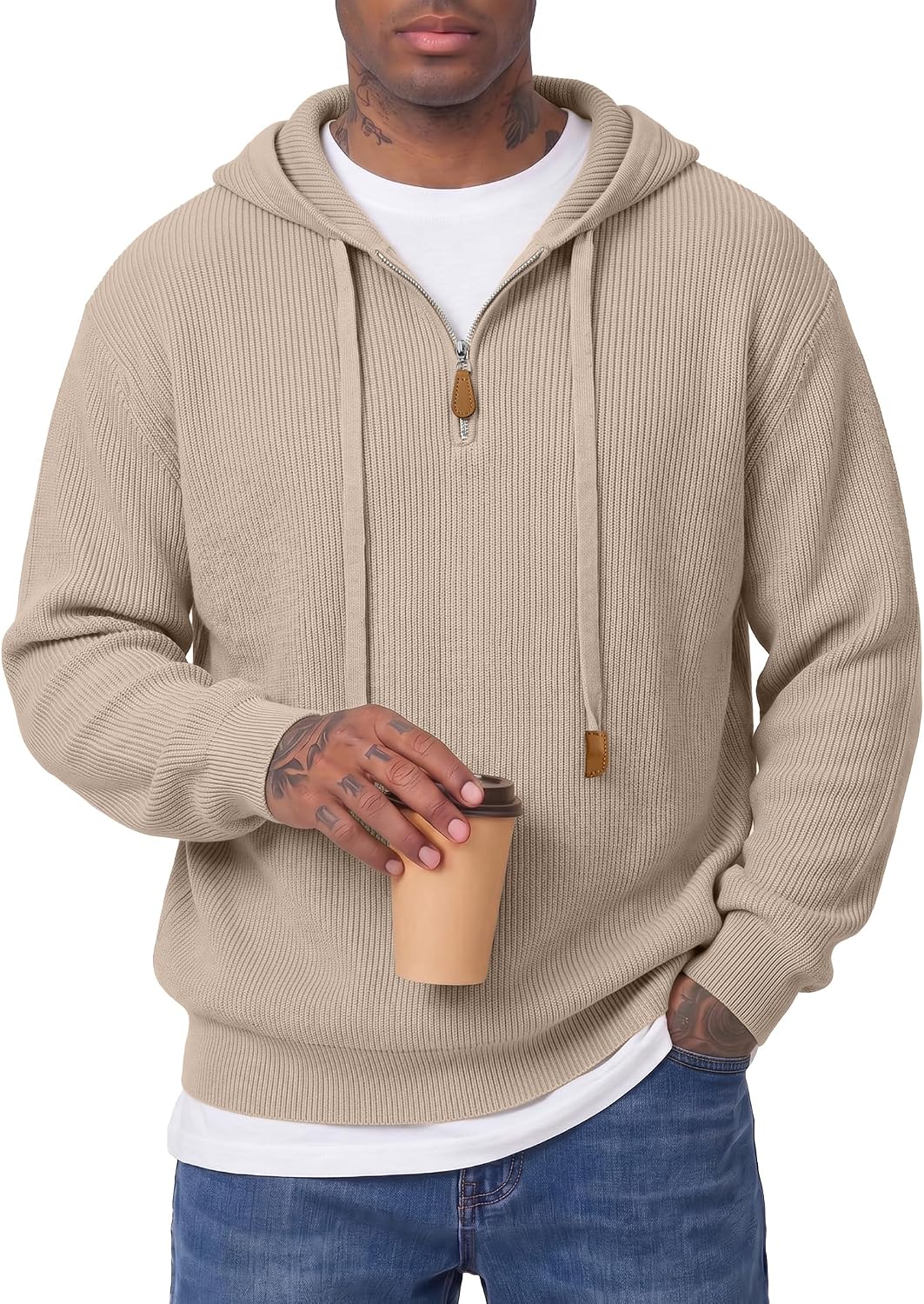 Men's Ribbed Knit Quarter Zip Hooded Sweater - Regular Fit Pullover with Leather Zip Puller for Fall and Winter - Small