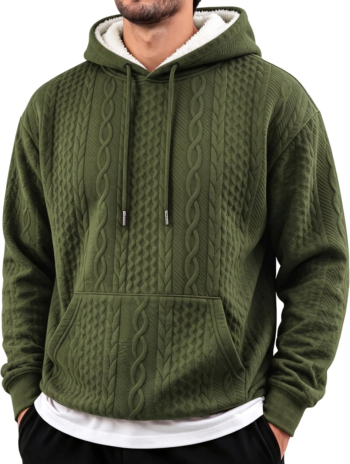 Men's Sherpa Lined Cable Textured Pullover Hoodie - Midweight Drawstring Sweatshirt with Kangaroo Pocket - Small