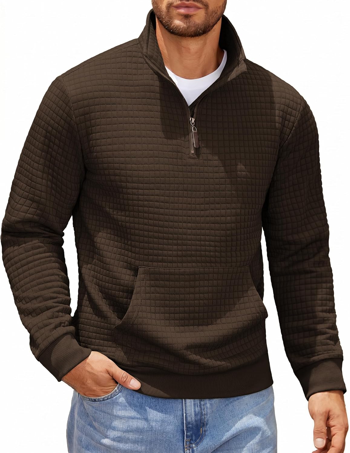 Men's Waffle Knit Quarter Zip Pullover Hoodie - Long Sleeve Textured Sweatshirt with Front Pocket for Autumn - Large