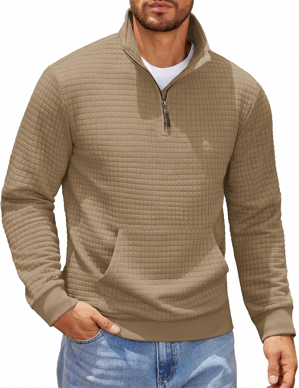 Men's Waffle Knit Quarter Zip Pullover Hoodie - Long Sleeve Textured Sweatshirt with Front Pocket for Autumn - Large