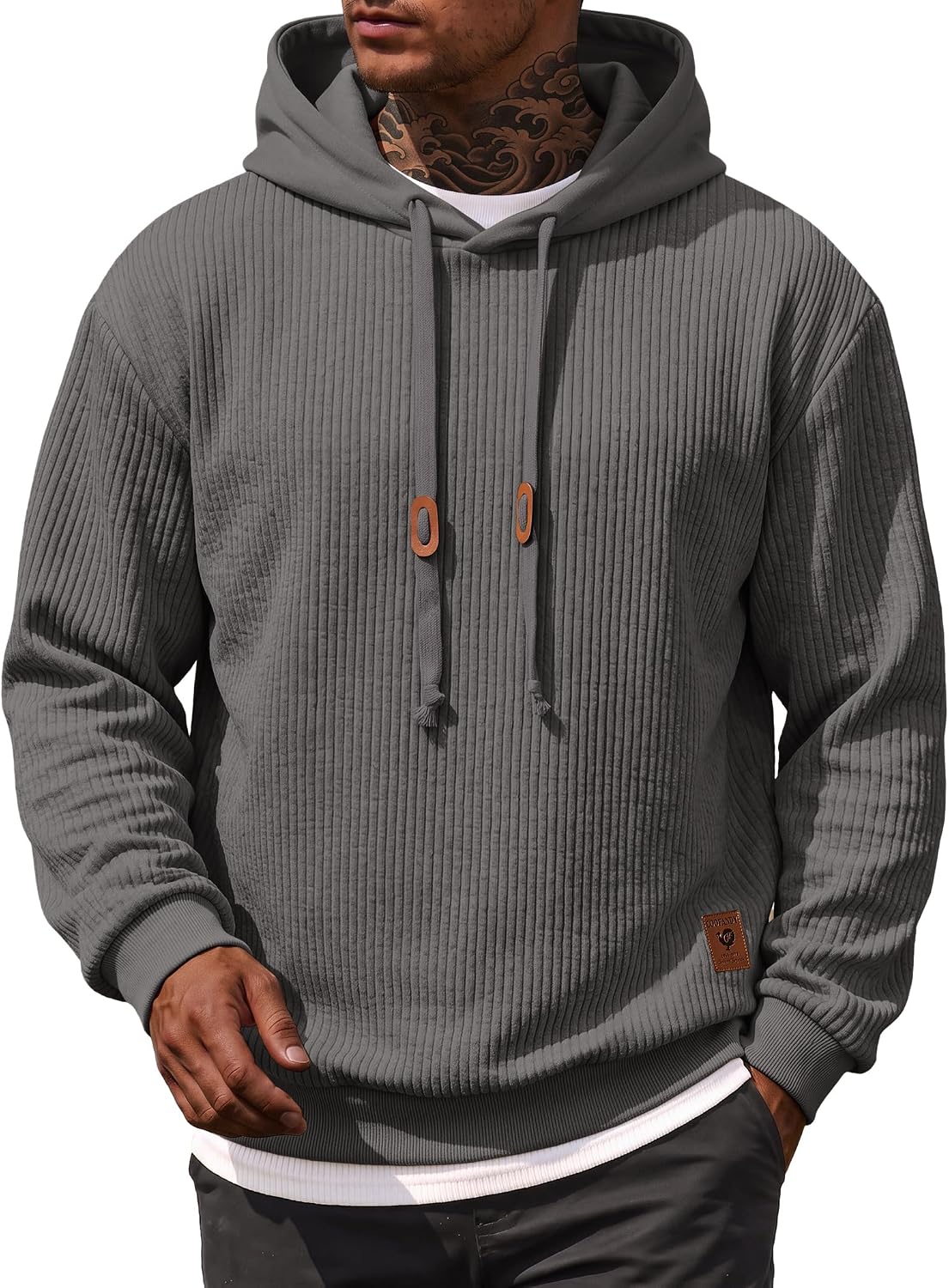 Men's Waffle Knit Pullover Hoodie - Lightweight Long Sleeve Sweatshirt with Adjustable Hood for Fall and Winter - Medium