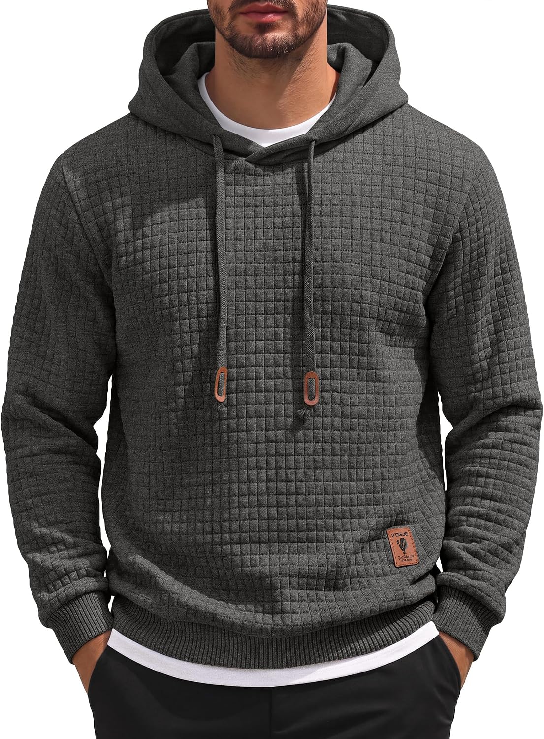 Men's Waffle Knit Hooded Sweatshirt - Long Sleeve Drawstring Pullover Hoodie for Casual Fall and Winter Wear - Small