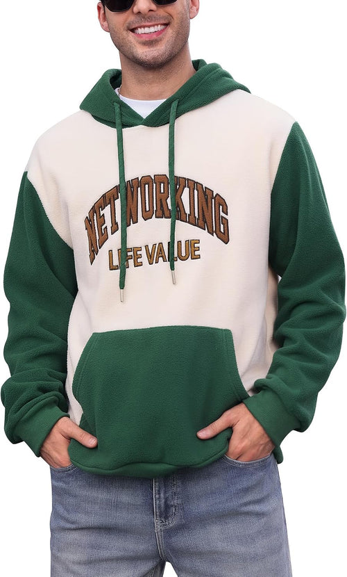 Men's Colour Block Pullover Hoodie - Long Sleeve Drawstring Hooded Sweatshirt with Front Pocket for Autumn - Green