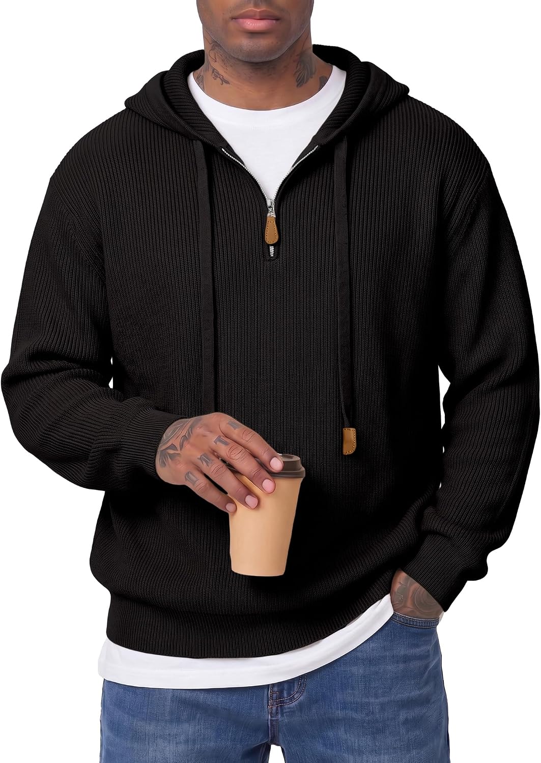 Men's Ribbed Knit Quarter Zip Hooded Sweater - Regular Fit Pullover with Leather Zip Puller for Fall and Winter - Small