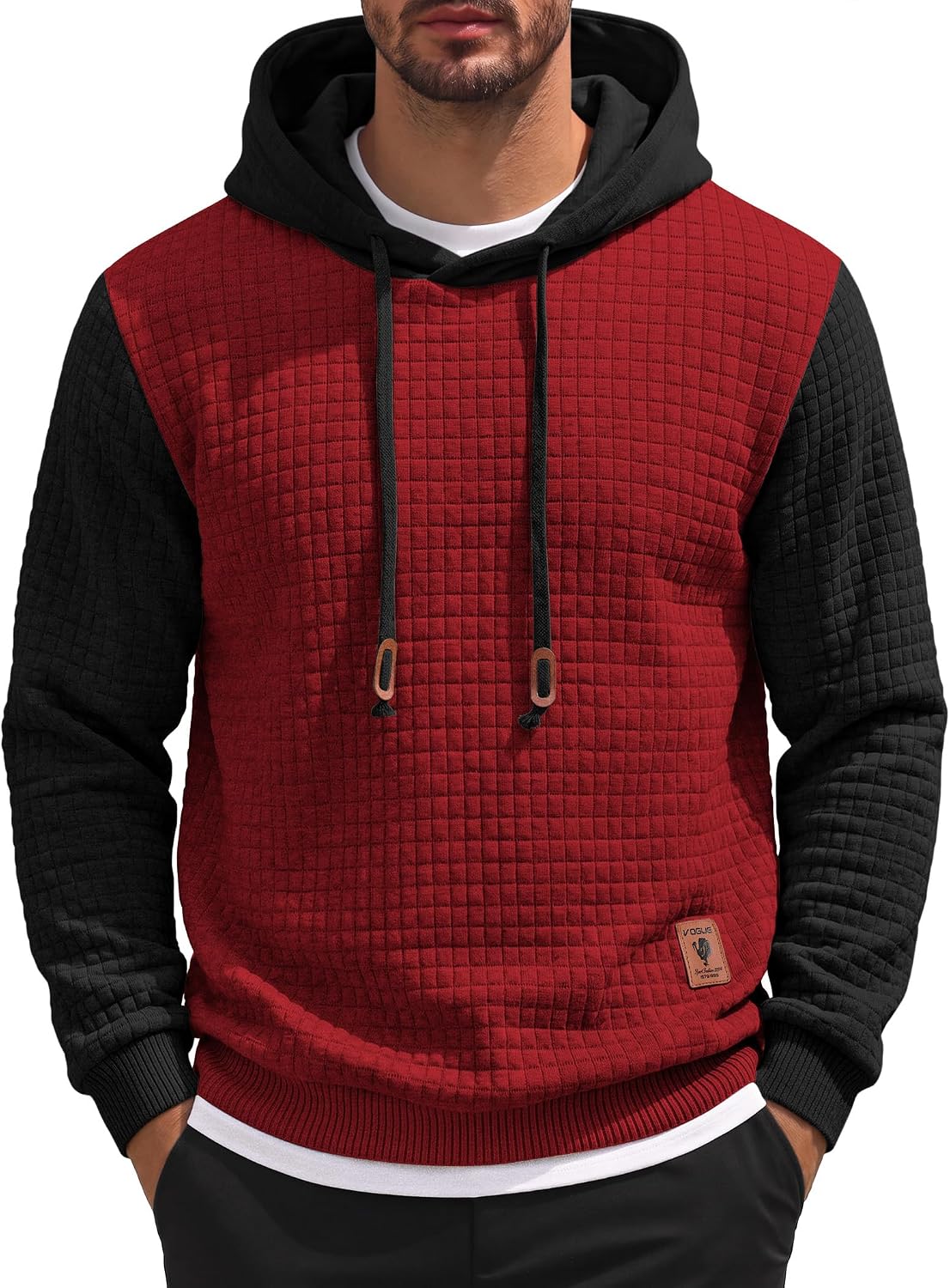 Men's Waffle Knit Hooded Sweatshirt - Long Sleeve Drawstring Pullover Hoodie for Casual Fall and Winter Wear - Medium