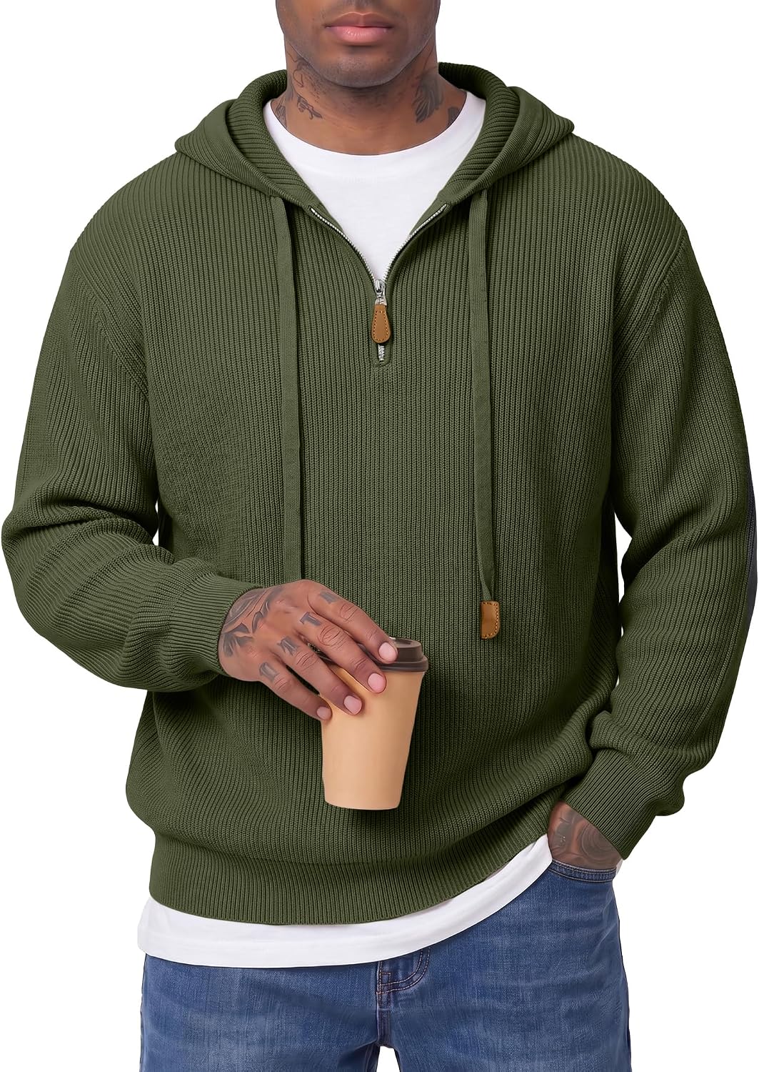 Men's Ribbed Knit Quarter Zip Hooded Sweater - Regular Fit Pullover with Leather Zip Puller for Fall and Winter - Small