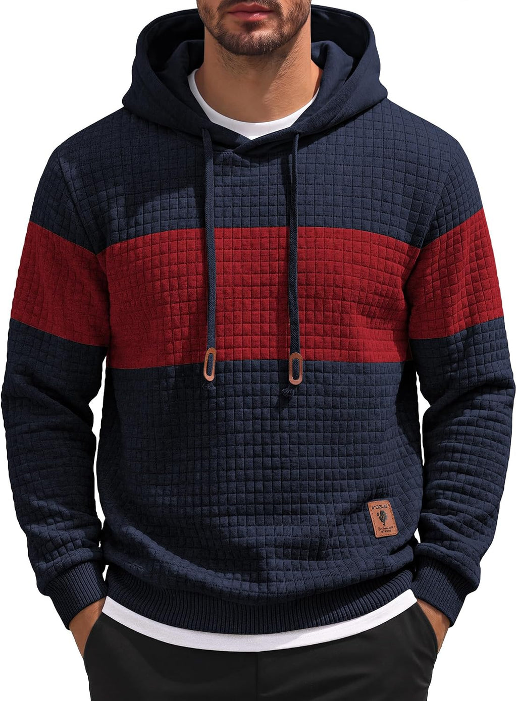 Men's Waffle Knit Hooded Sweatshirt - Long Sleeve Drawstring Pullover Hoodie for Casual Fall and Winter Wear - Large