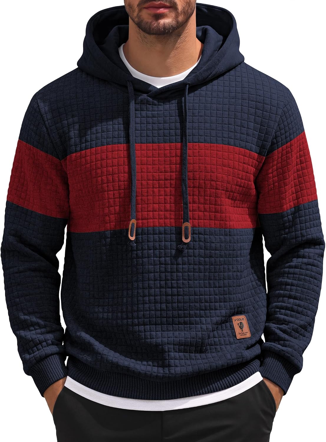 Men's Waffle Knit Hooded Sweatshirt - Long Sleeve Drawstring Pullover Hoodie for Casual Fall and Winter Wear - Large