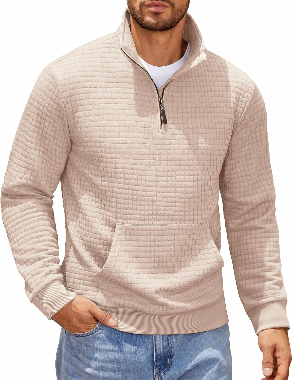 Men's Waffle Knit Quarter Zip Pullover Hoodie - Long Sleeve Textured Sweatshirt with Front Pocket for Autumn - Large