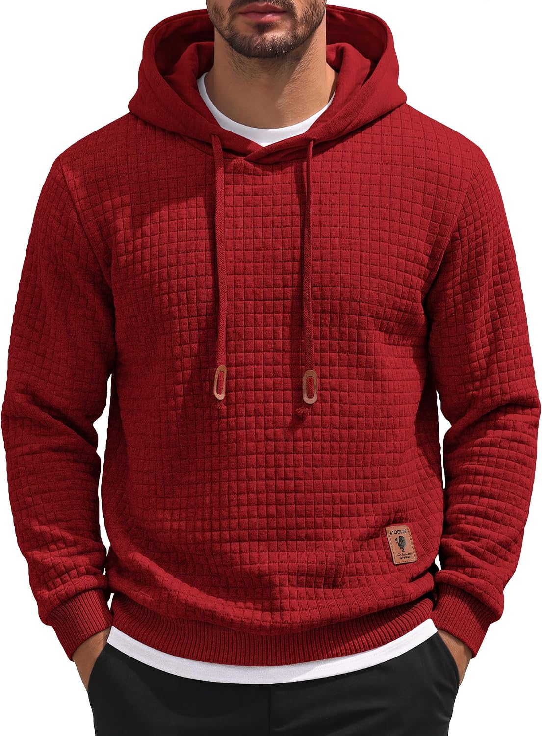 Men's Waffle Knit Hooded Sweatshirt - Long Sleeve Drawstring Pullover Hoodie for Casual Fall and Winter Wear - Large