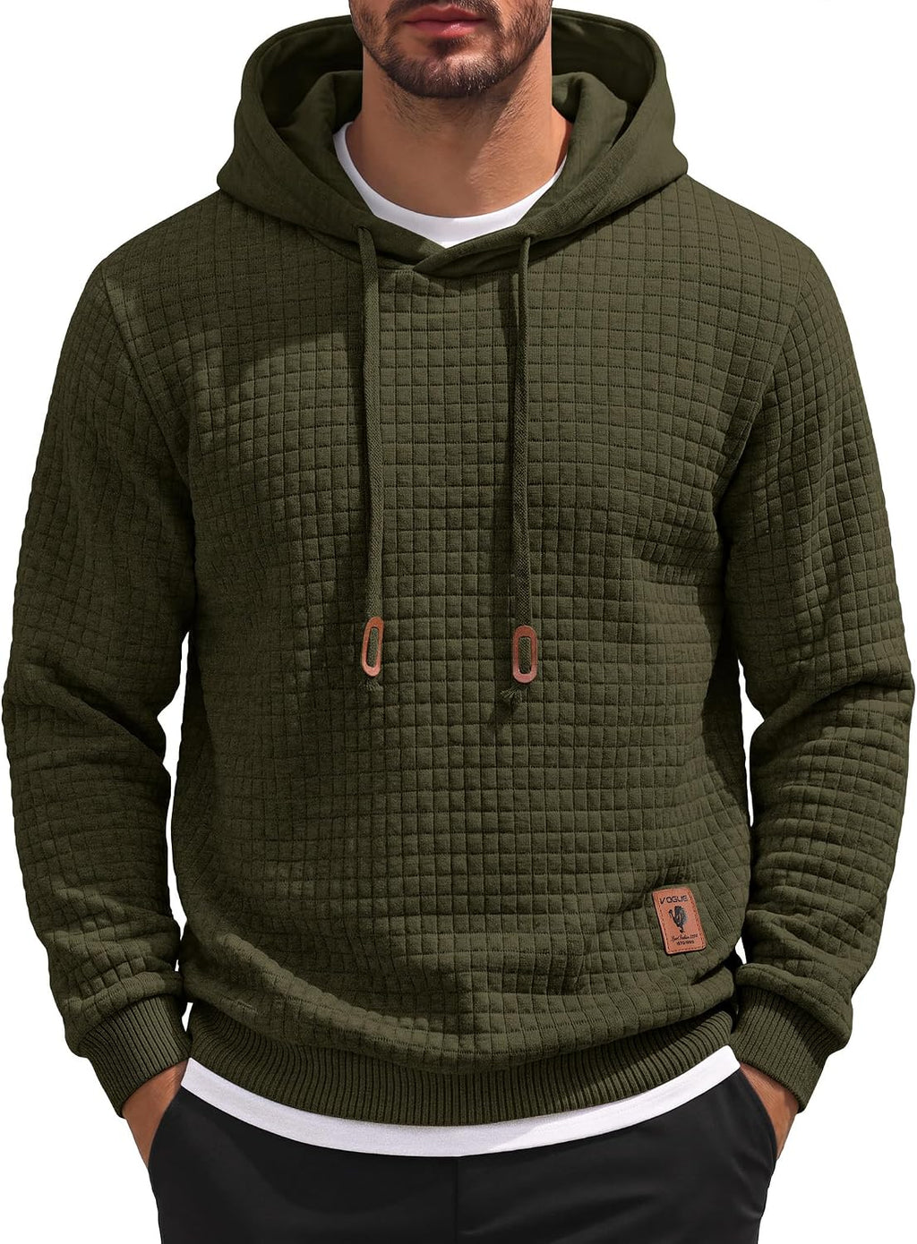 Men's Waffle Knit Hooded Sweatshirt - Long Sleeve Drawstring Pullover Hoodie for Casual Fall and Winter Wear - Medium