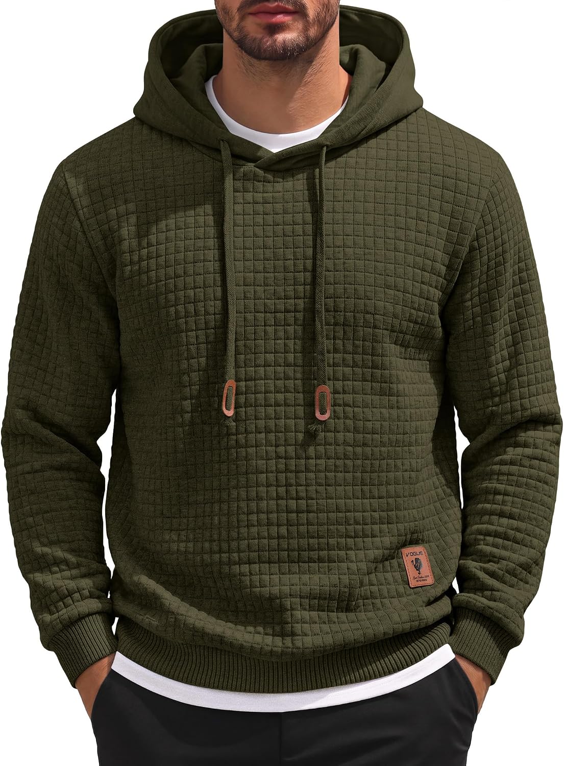 Men's Waffle Knit Hooded Sweatshirt - Long Sleeve Drawstring Pullover Hoodie for Casual Fall and Winter Wear - Medium