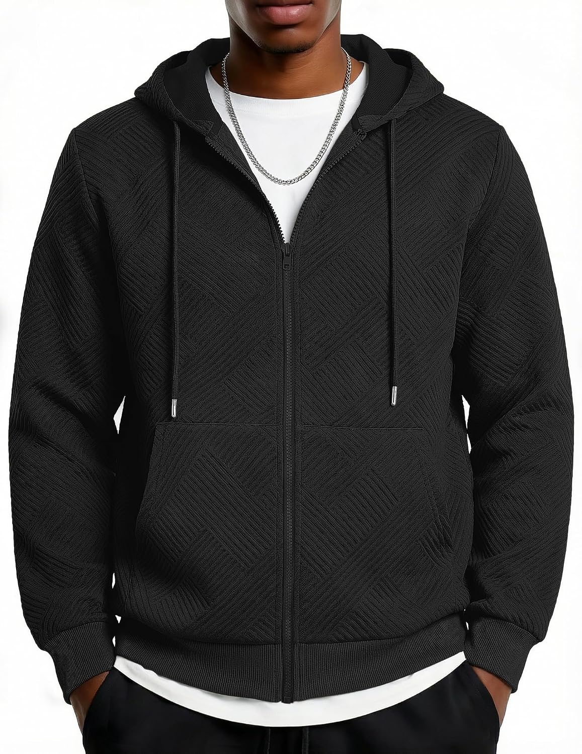 Men's Geometric Textured Zip Up Hoodie - Full Zip Sweatshirt with Pockets and Drawstring Hood for Weekend Wear - Small