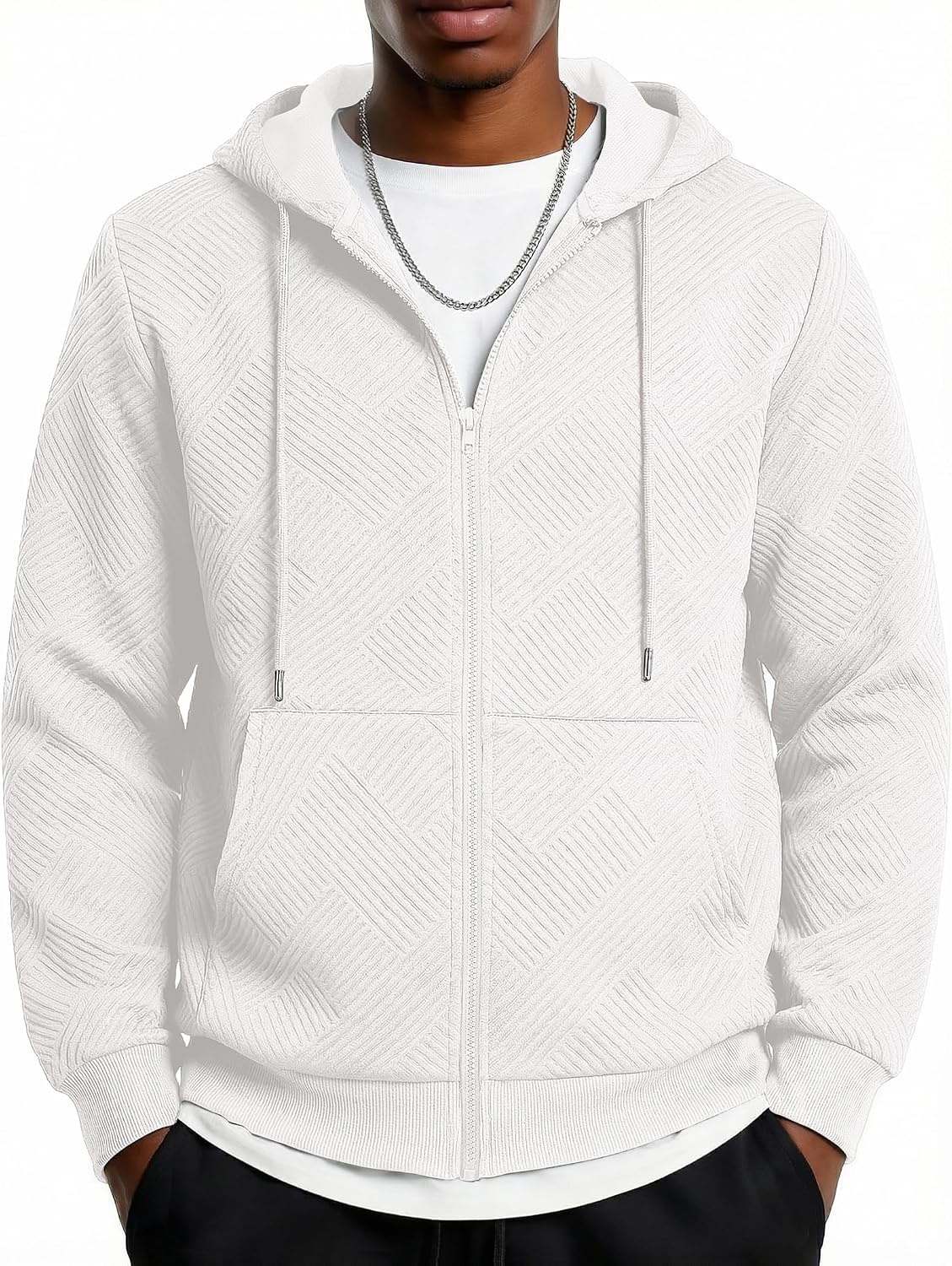 Men's Geometric Textured Zip Up Hoodie - Full Zip Sweatshirt with Pockets and Drawstring Hood for Weekend Wear - Small